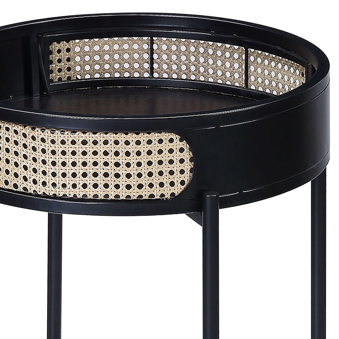 Black cane accent oval side table with metal legs perfect for living room decor