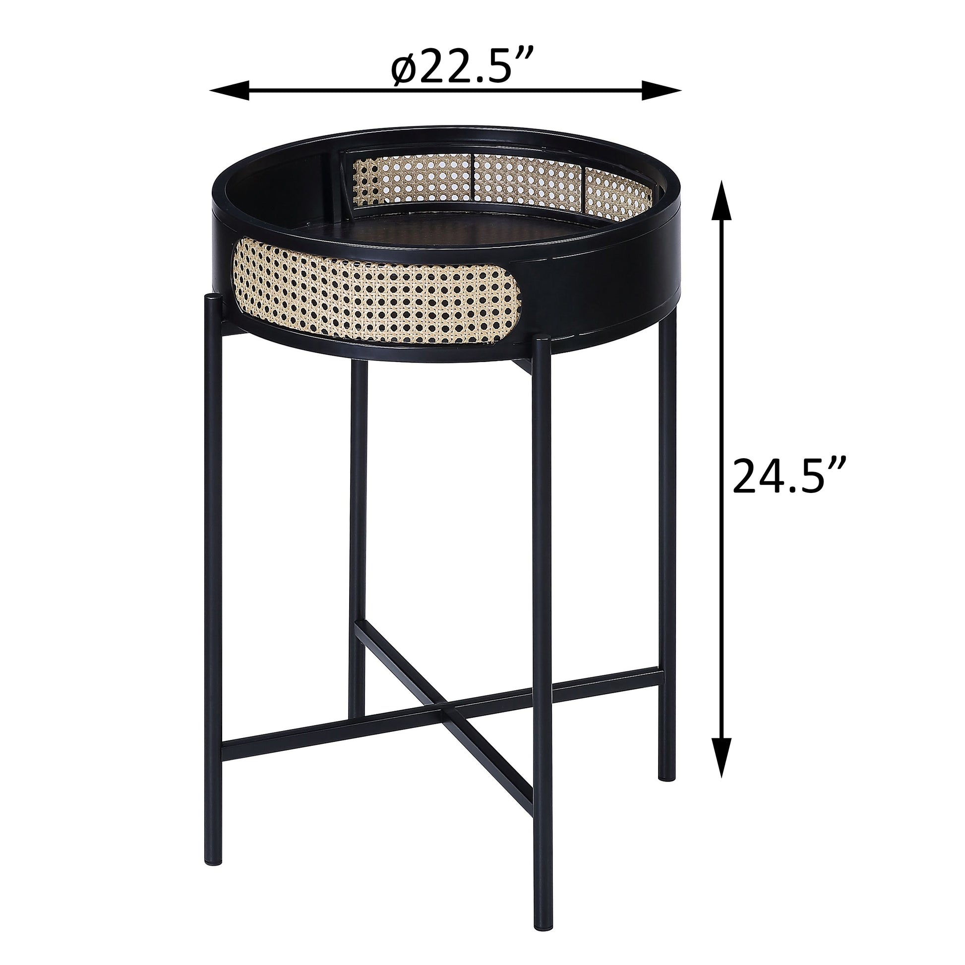 Black metal round accent table with woven cane detail  H x  W