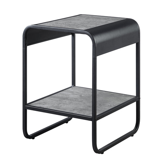 Modern black metal end table with faux stone top and shelf