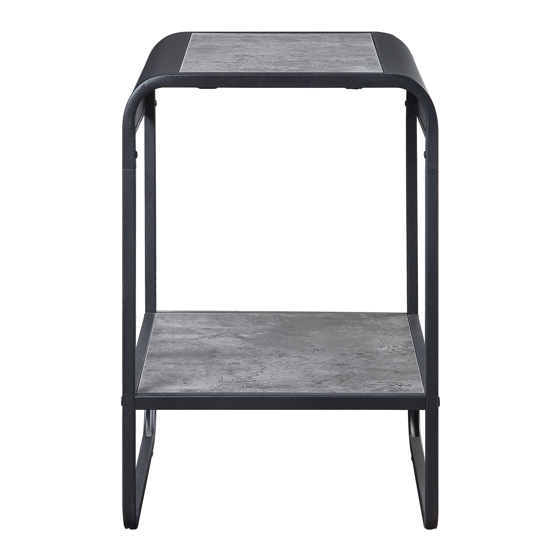 Twotier industrial side table with dark grey faux concrete tops and black metal frame