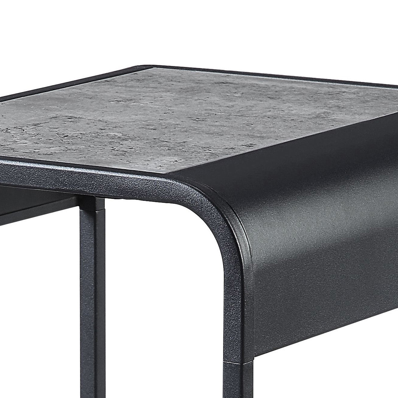 Modern black metal end table with a textured gray faux stone top