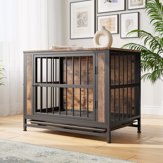 Rustic wood and black metal dog crate with double doors and slideout tray