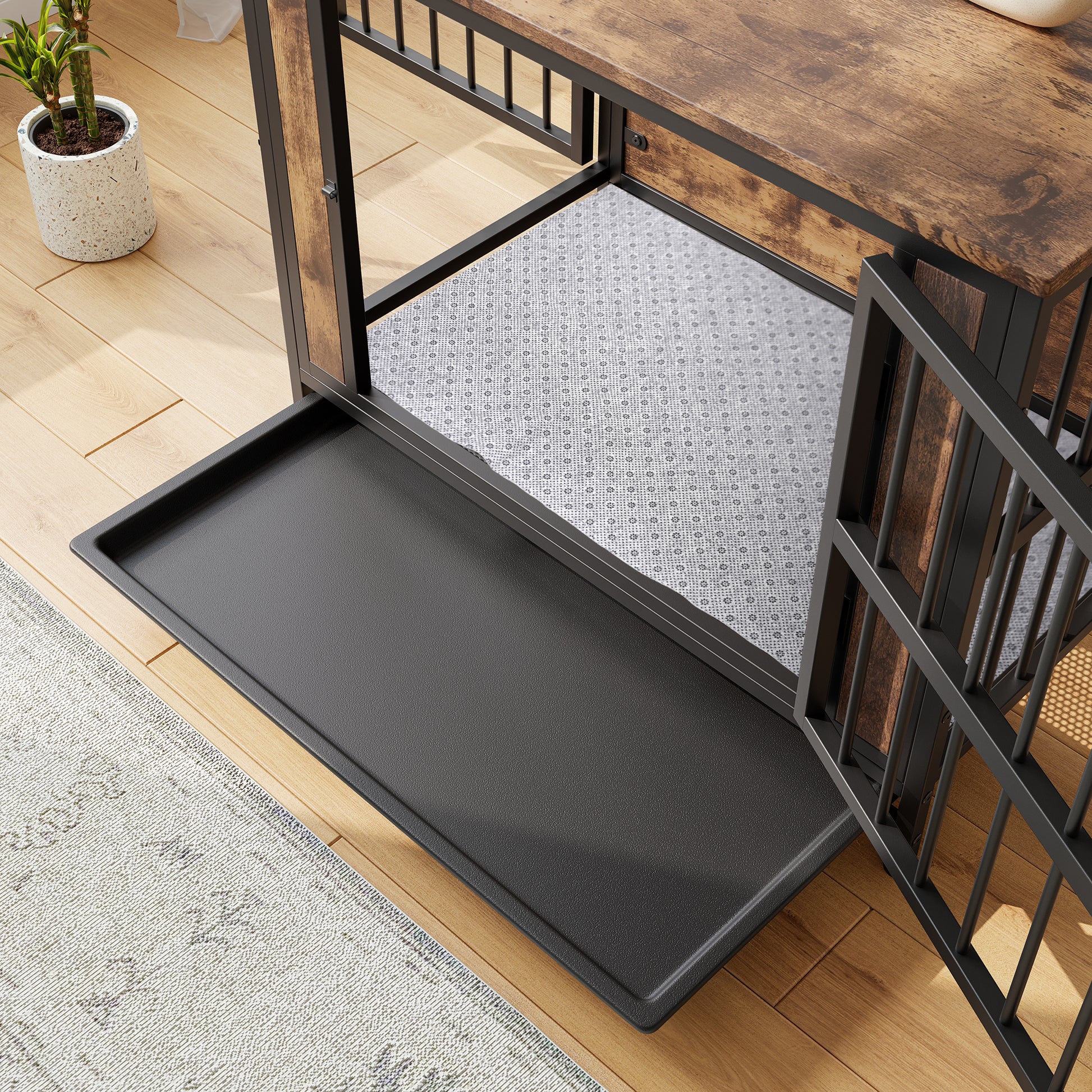Rustic wood and metal dog crate with removable tray