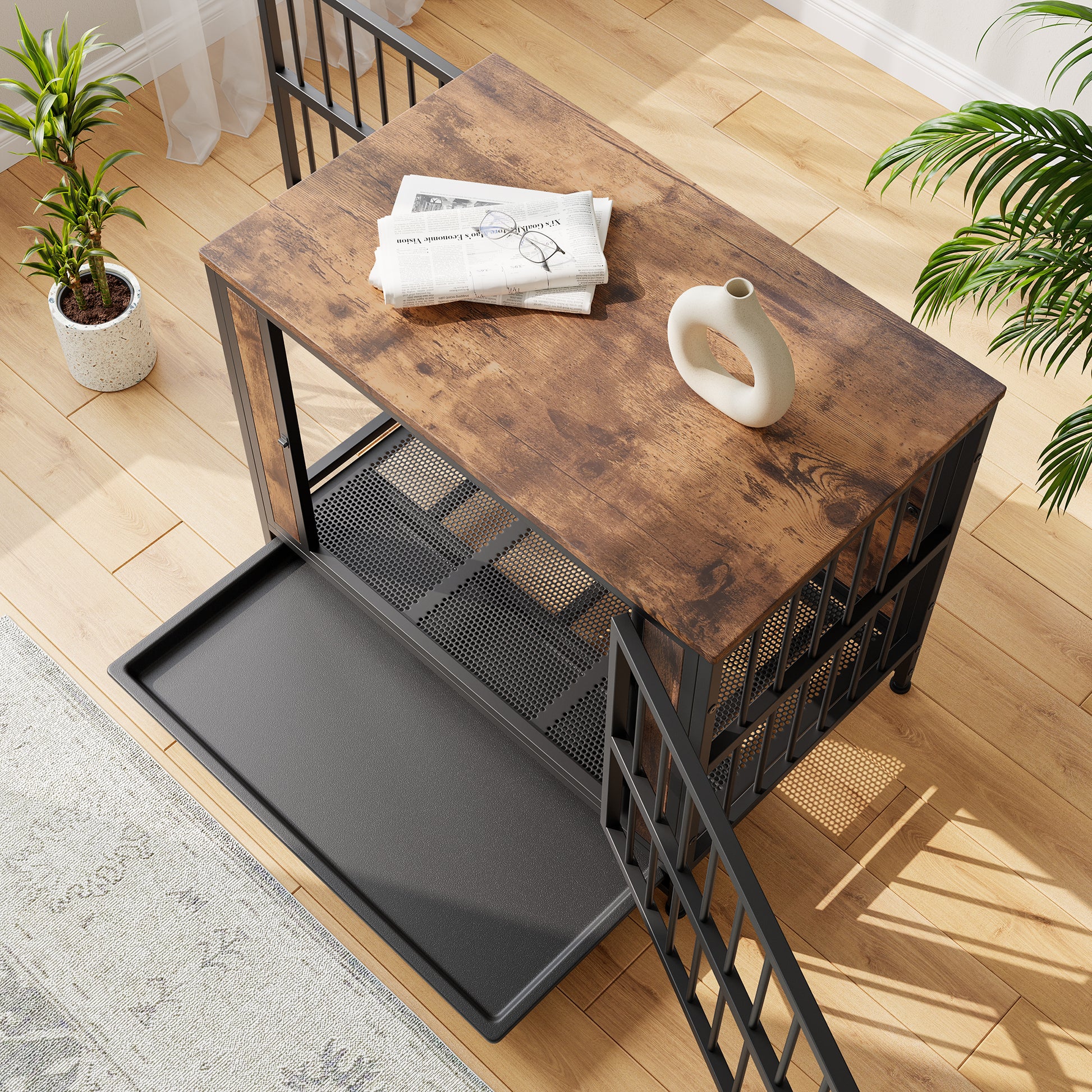 Rustic wood and black metal coffee table with open shelving and pullout tray