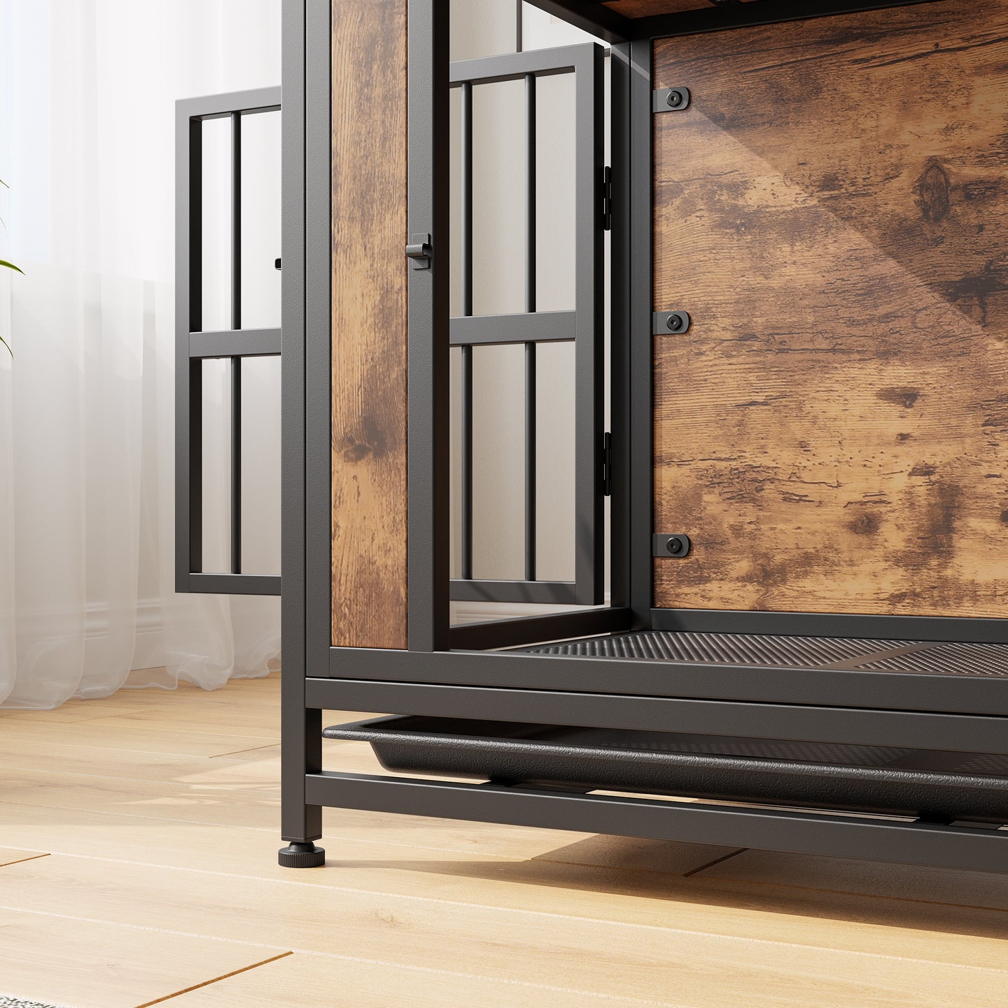 Rustic brown wood and black metal pet crate with open door
