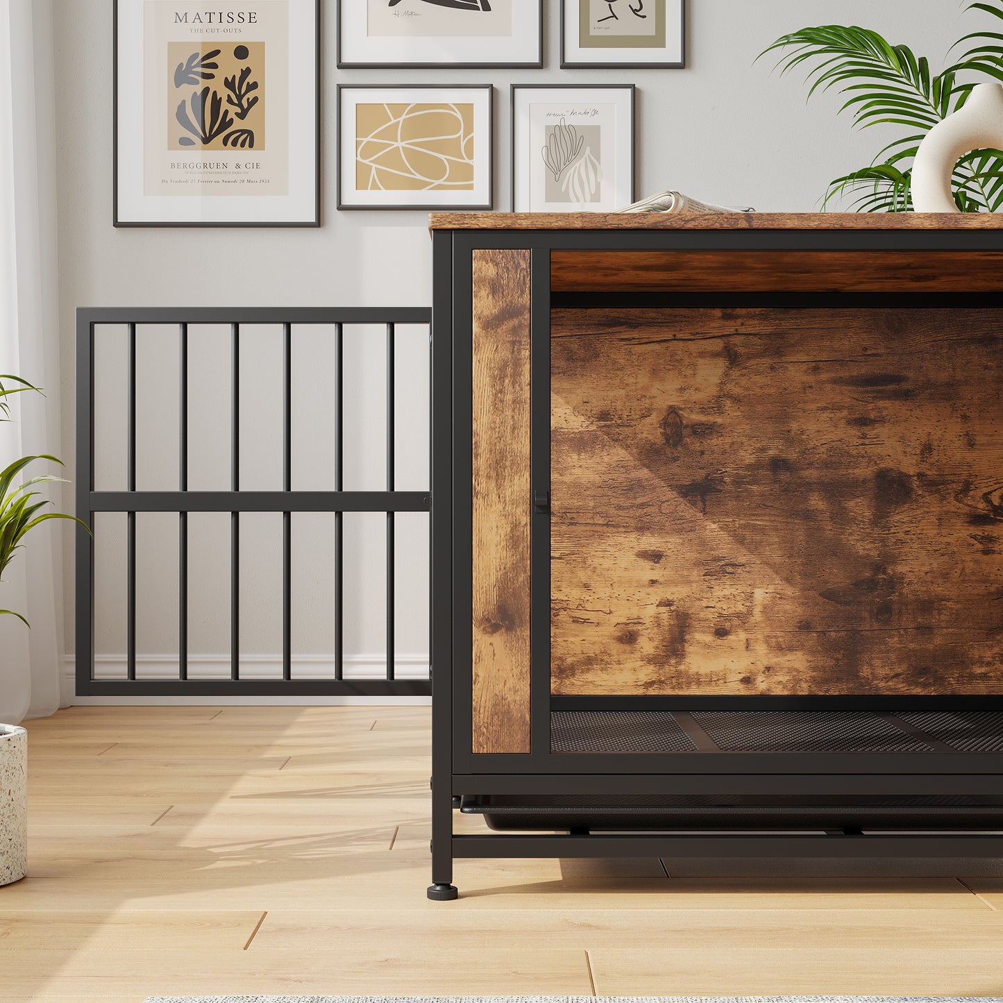 Rustic wood and metal console table with black metal frame and dark wood finish