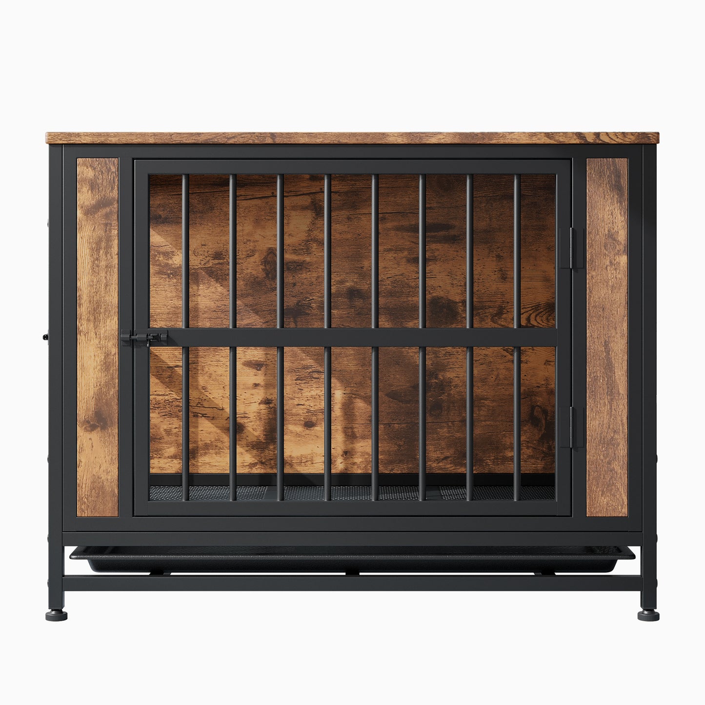 Rustic brown wood and black metal dog crate with secure latch and removable tray