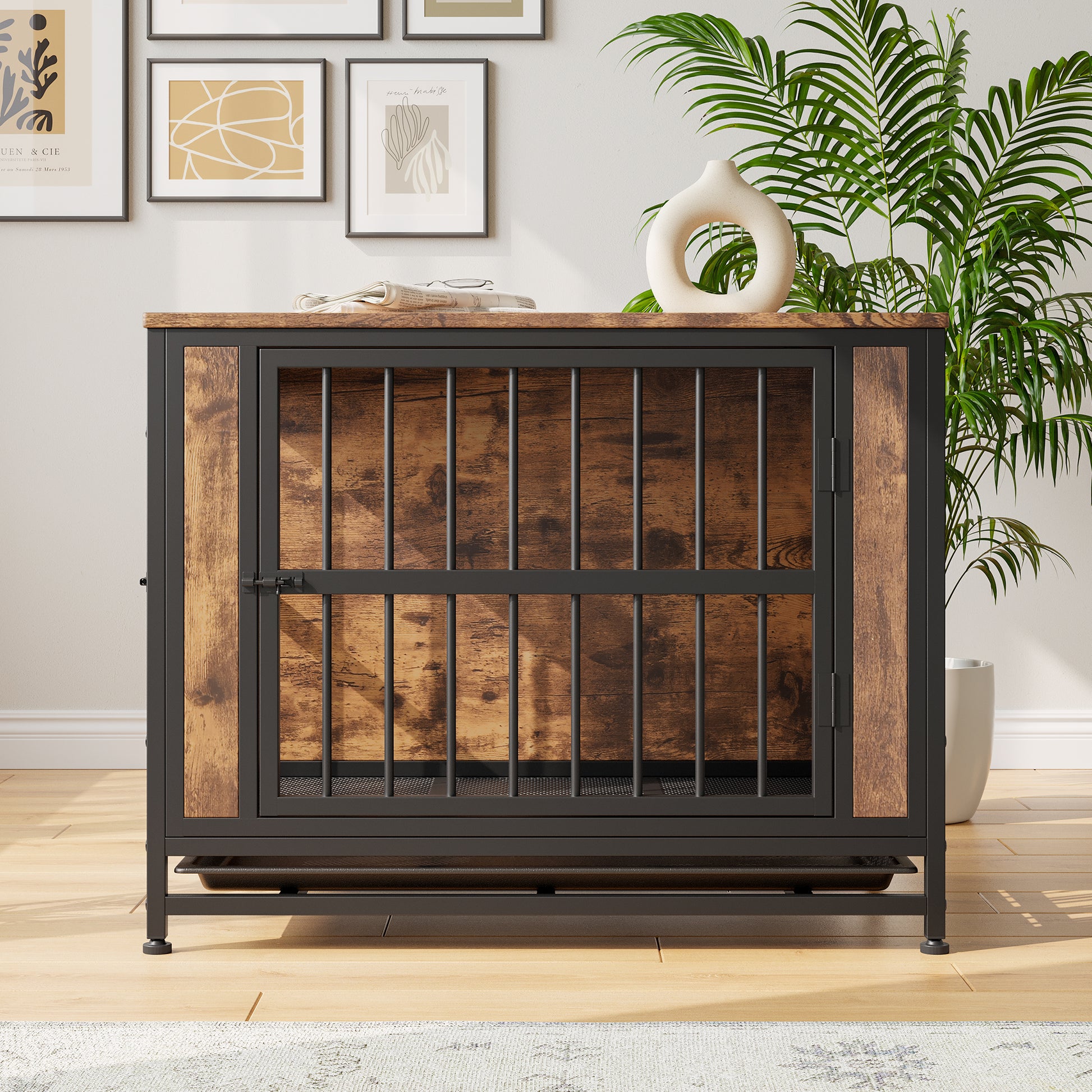 Rustic wood and metal dog crate with sliding tray suitable for indoor use