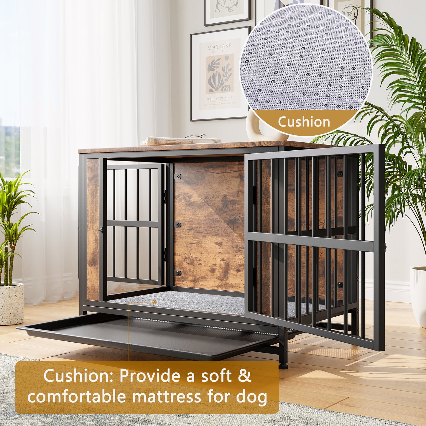 Industrialstyle dog crate with distressed wood panels and black metal bars