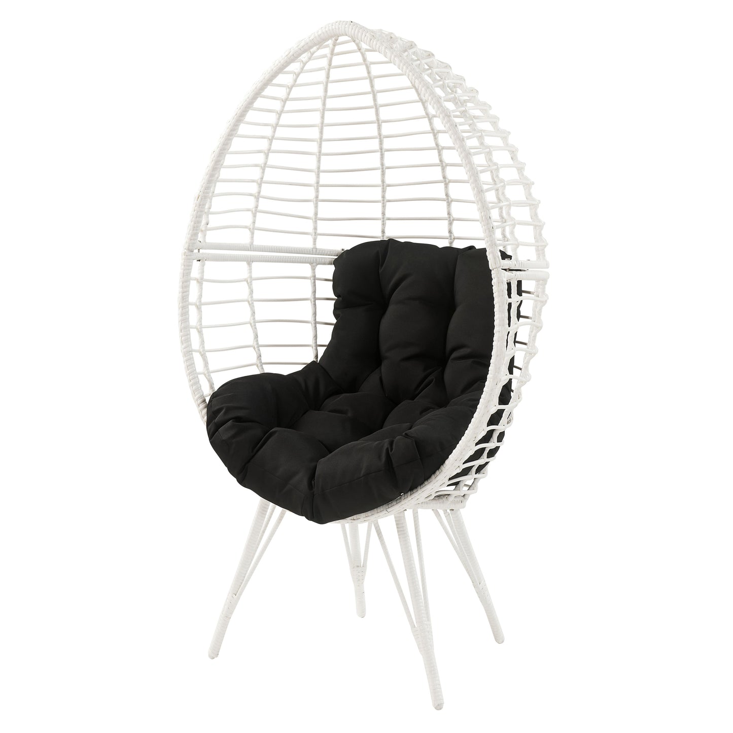 White rattan egg chair with plush black cushion modern outdoor furniture