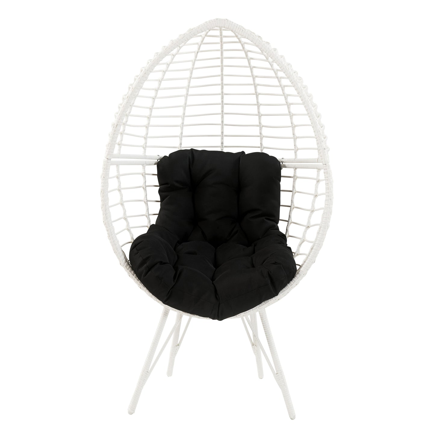 White rattan egg chair with black cushion for outdoor relaxation