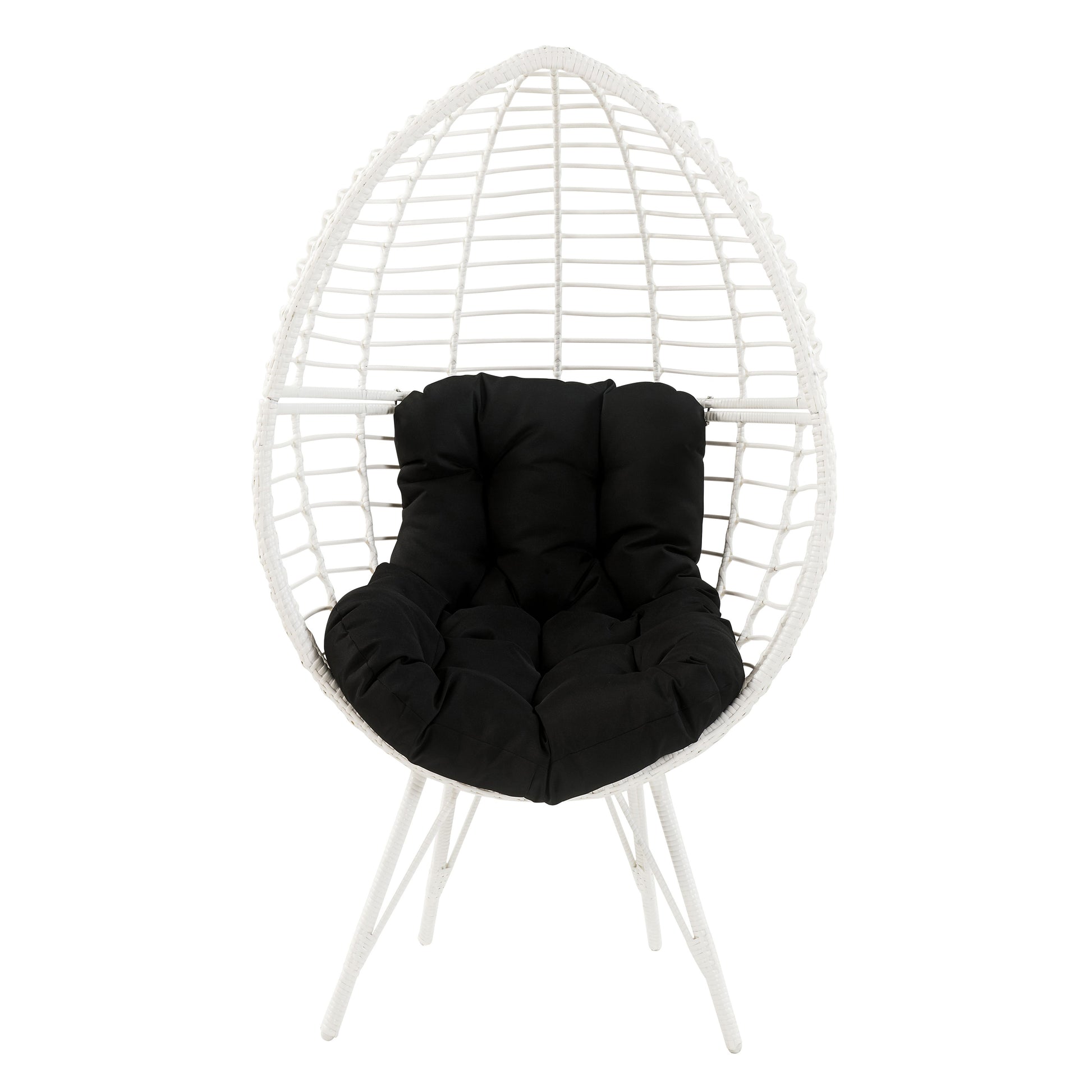 White rattan egg chair with black cushion for outdoor relaxation