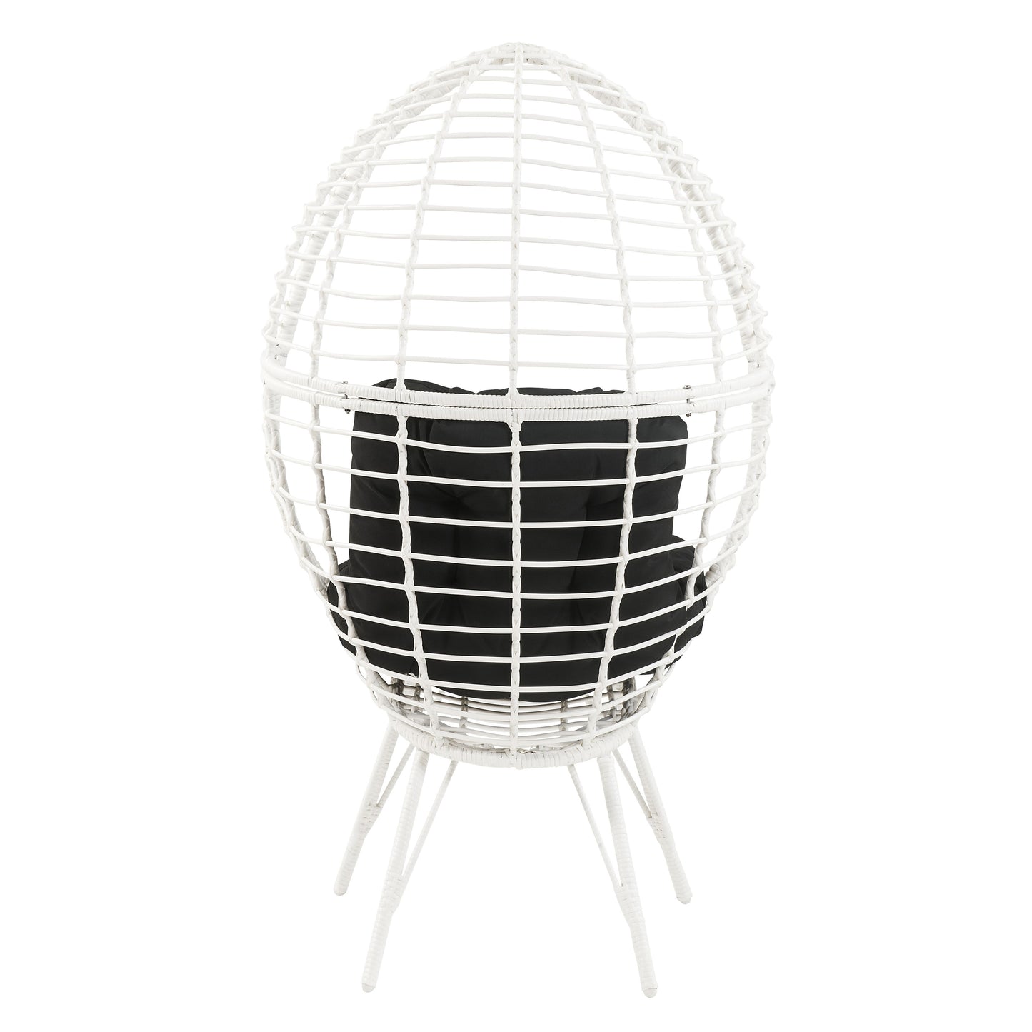 White rattan egg chair with black cushion for modern outdoor seating