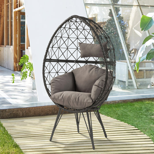 Rattan egg chair with plush grey cushions perfect for outdoor relaxation