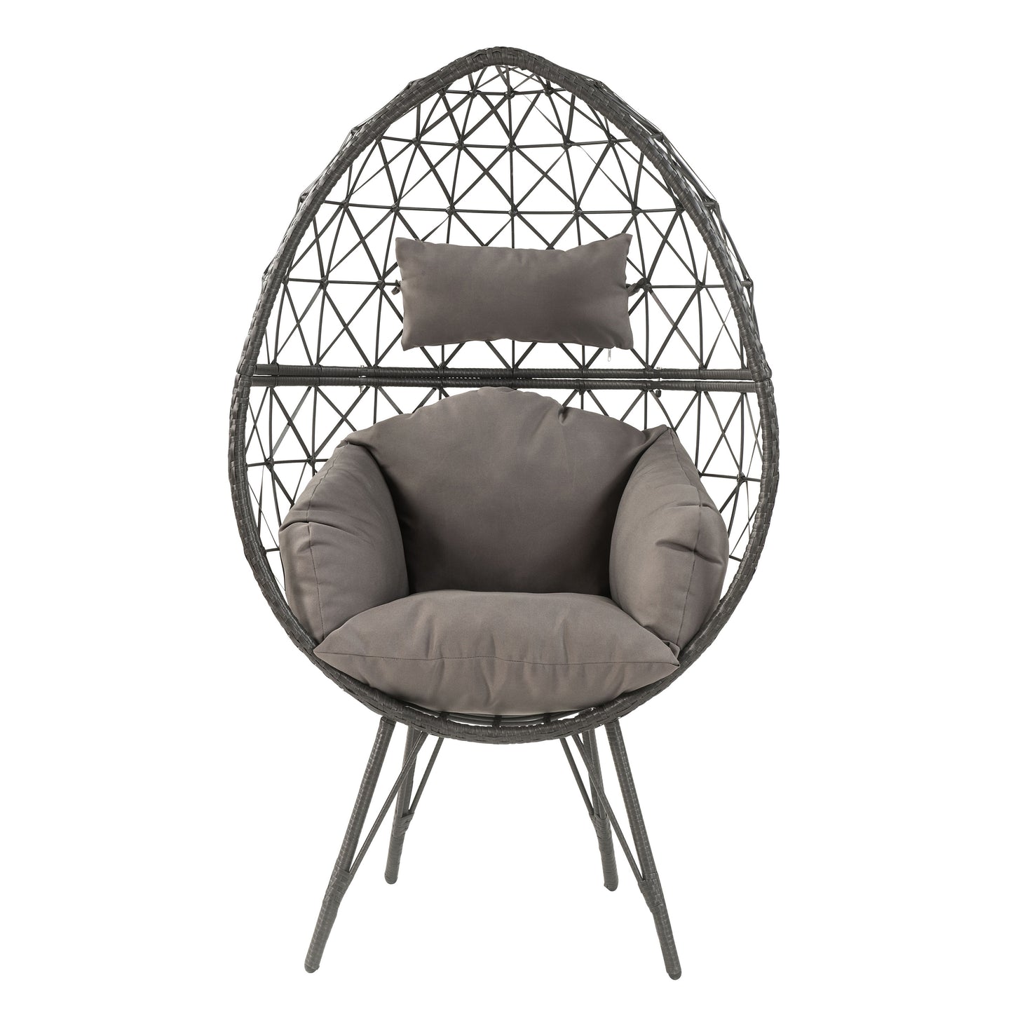 Gray rattan egg chair with comfortable seat and head cushions ideal for outdoor lounging
