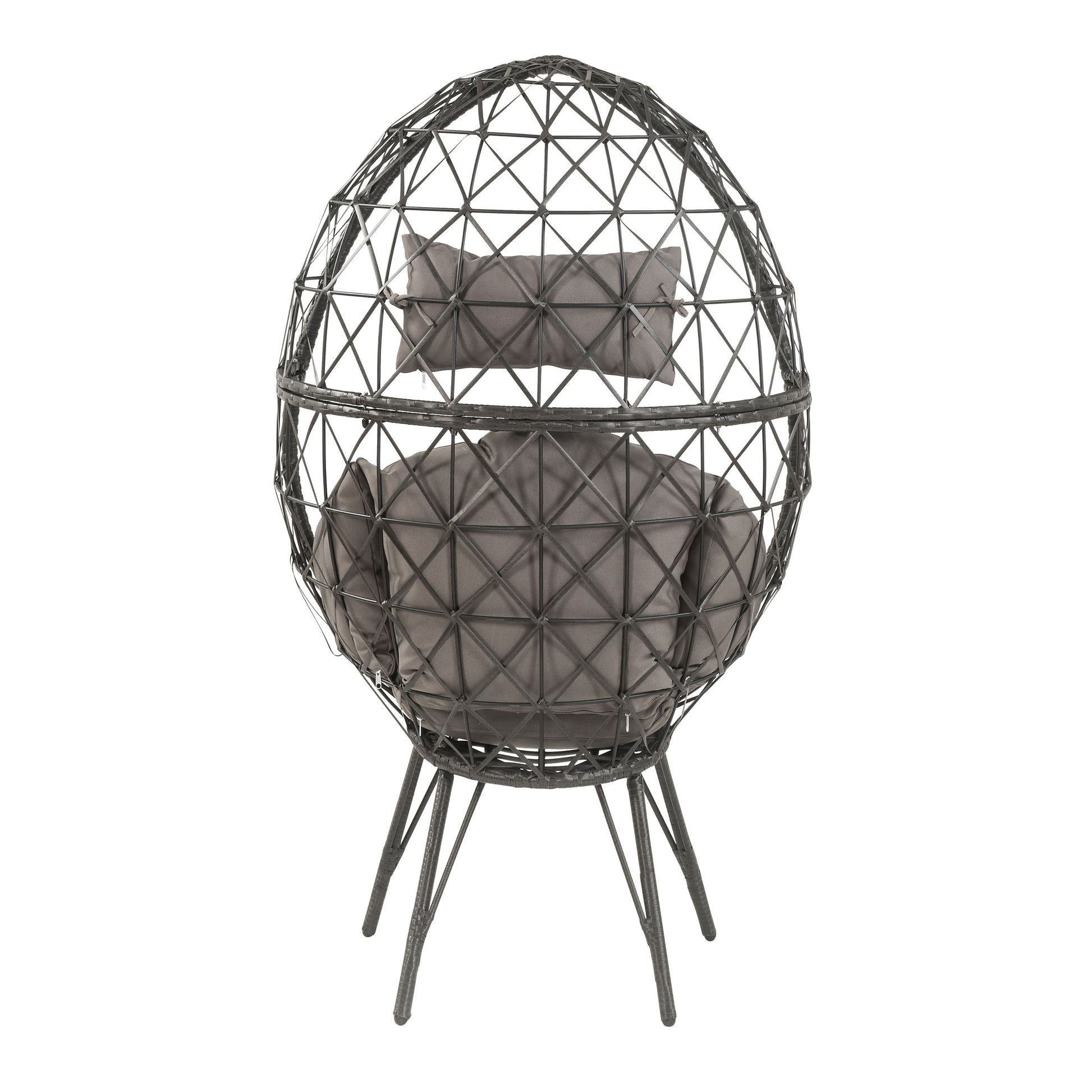 Modern black metal outdoor egg chair with gray cushions and geometric frame