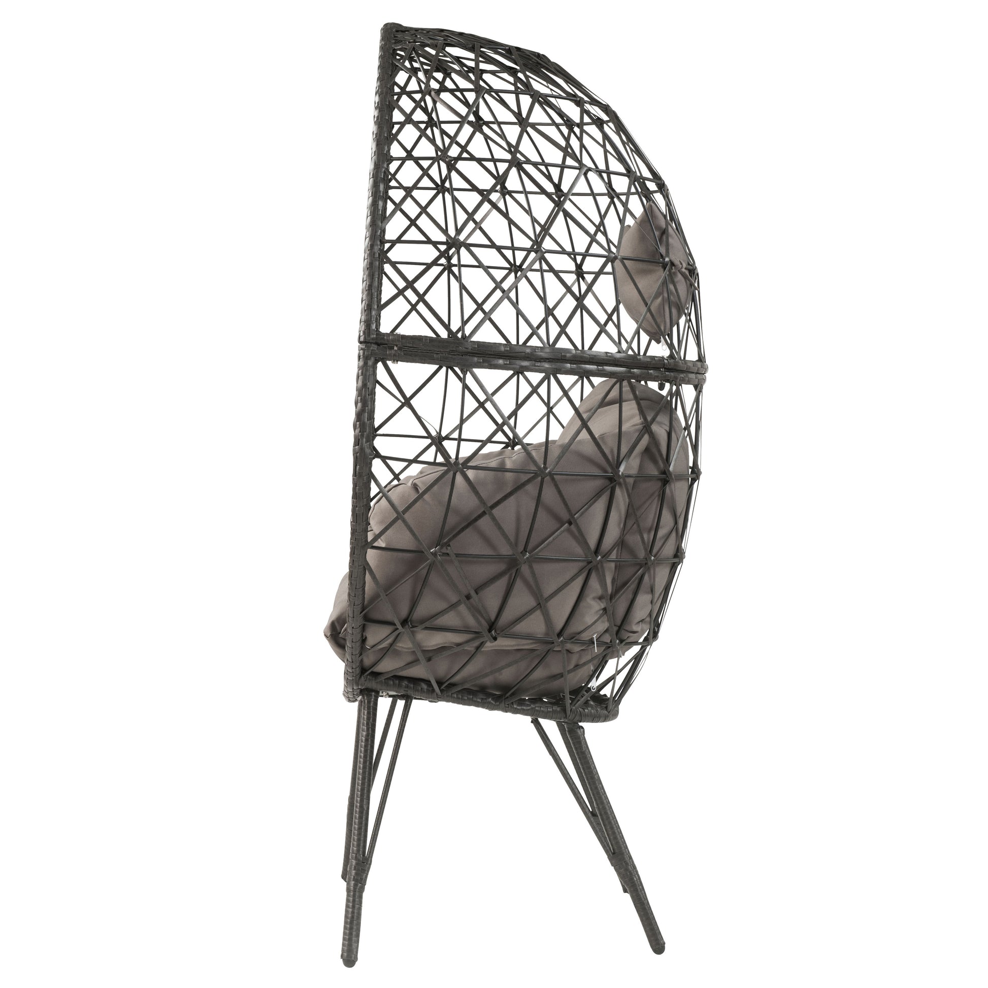 Modern gray egg chair with woven rattan design and plush cushions
