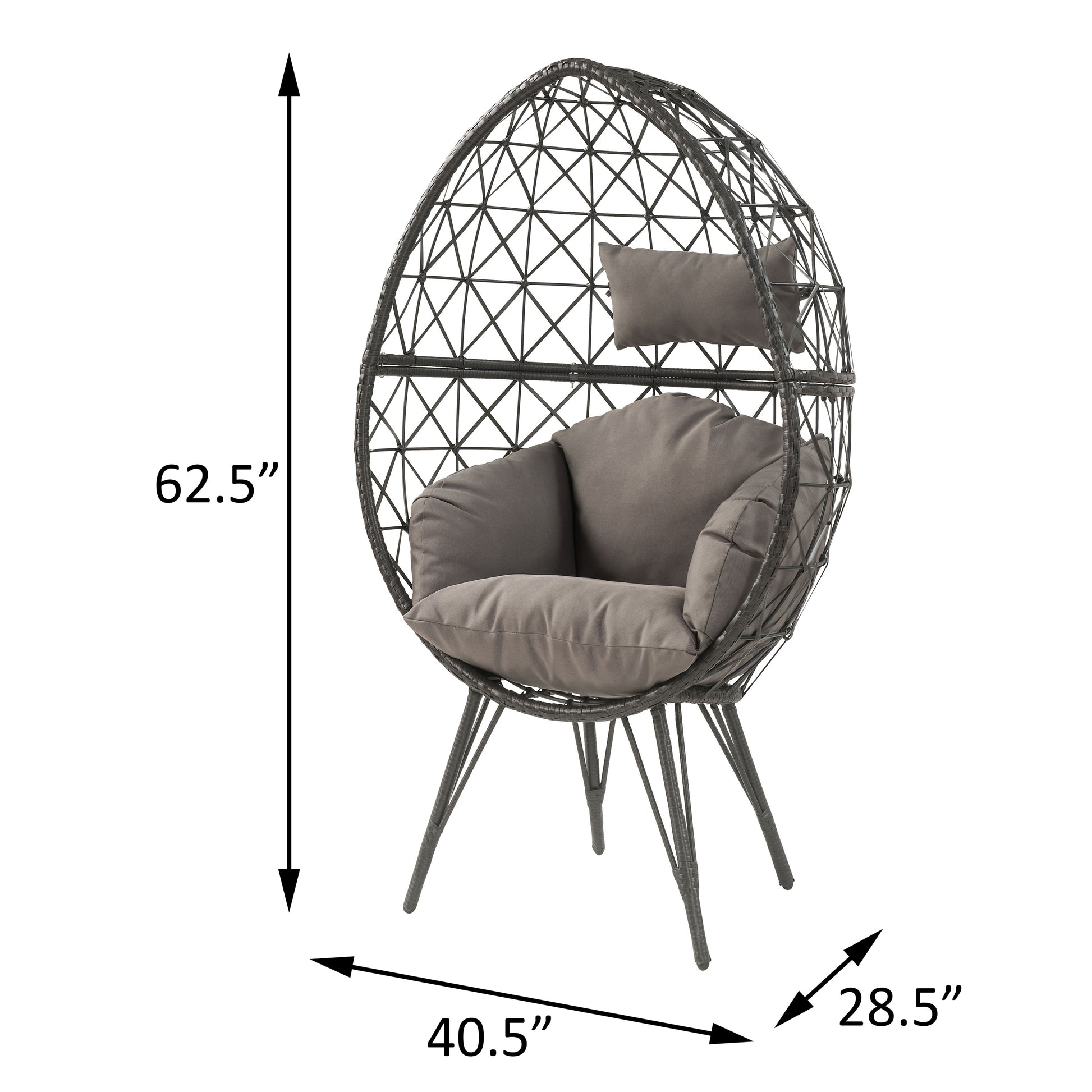 Dark grey resin wicker egg chair with comfortable cushions and metal legs