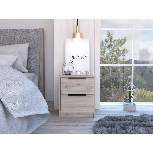 Light wood twodrawer nightstand with black handles