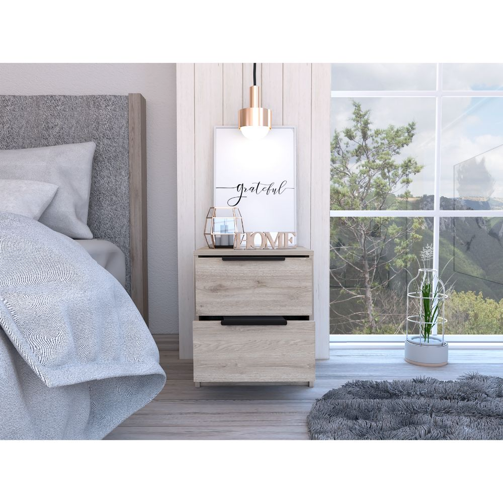 Twodrawer modern nightstand in light oak finish with black handles