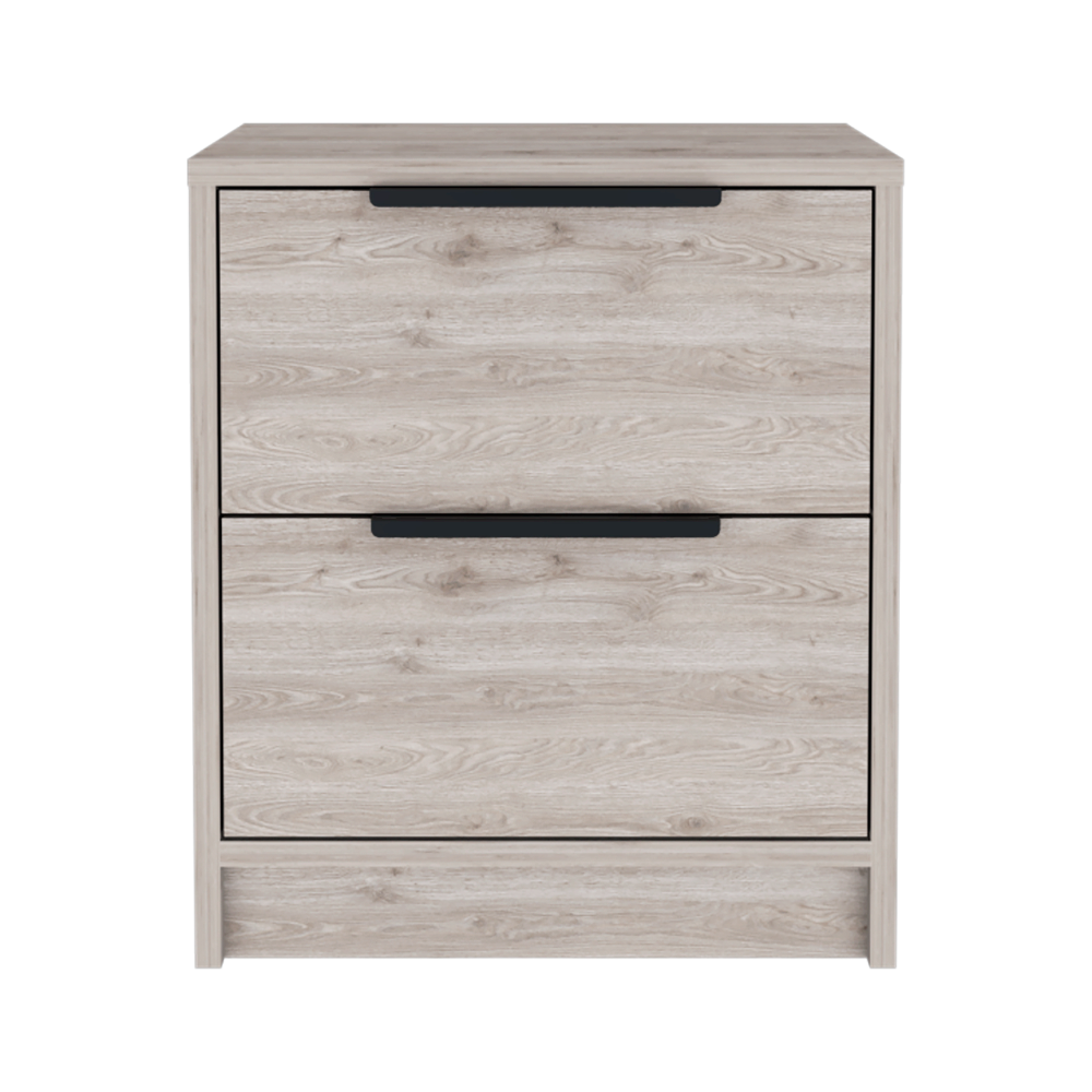 Light wood bedside table with two drawers and black handles
