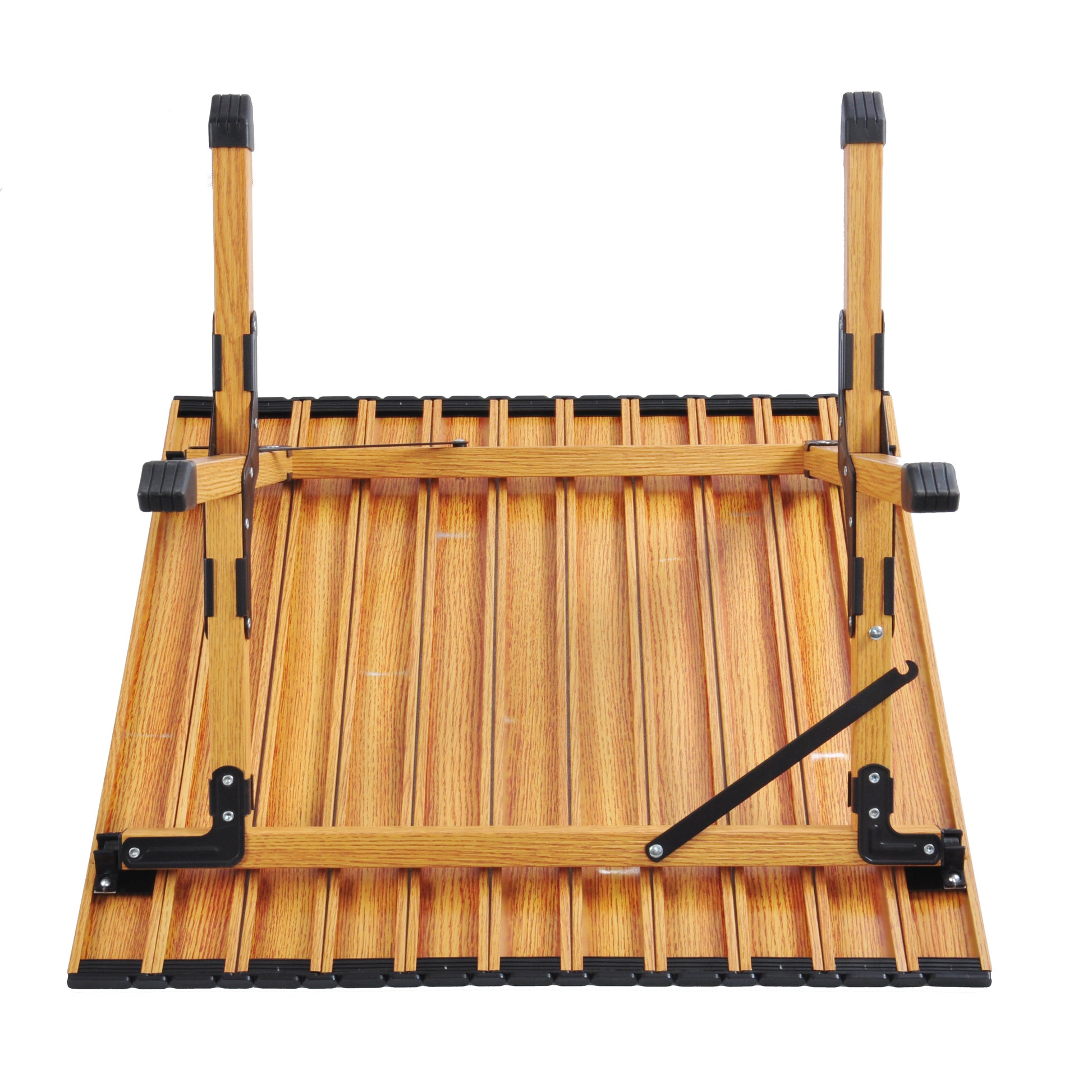 Wooden camping table lightweight and portable with black leg caps for stability