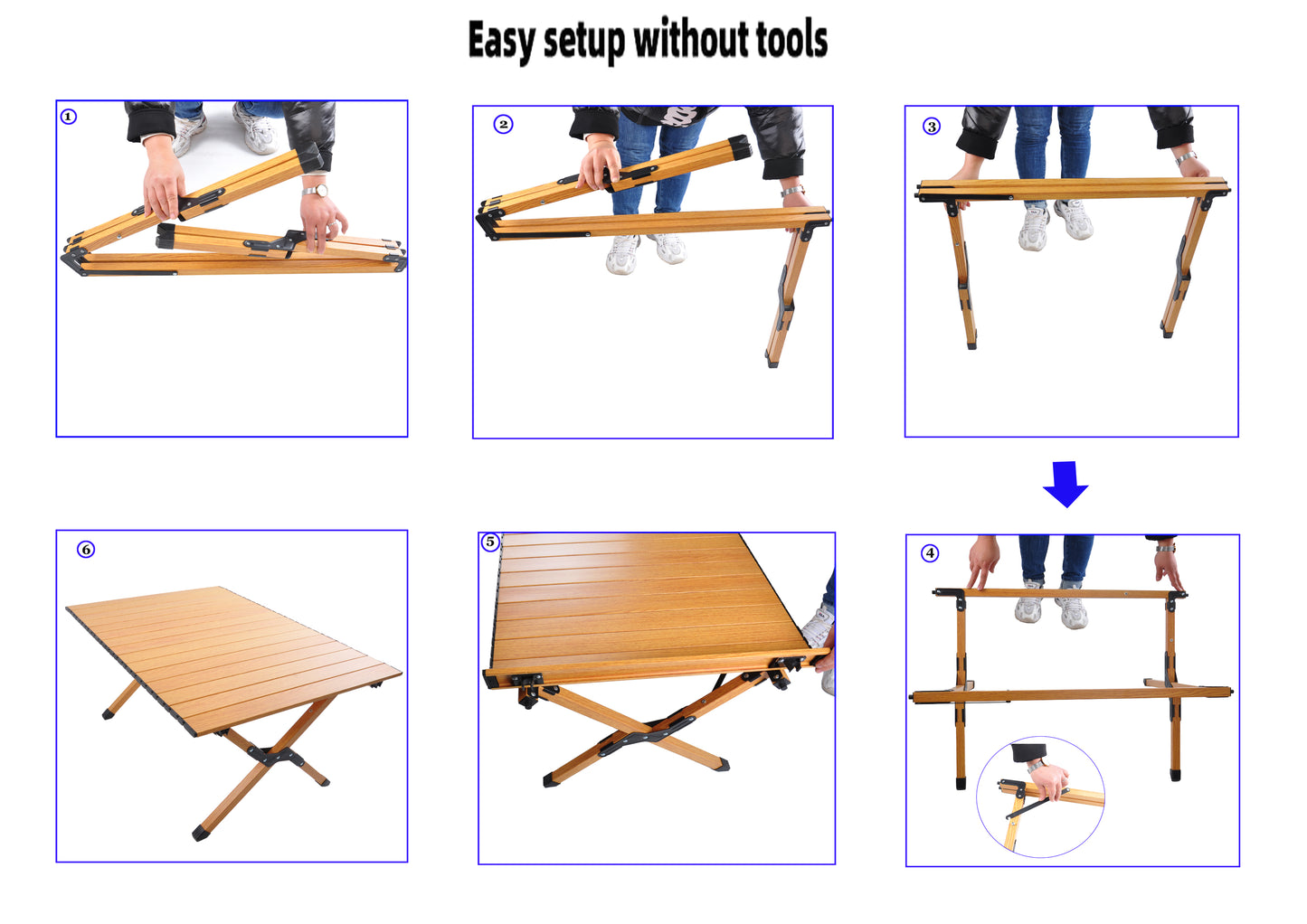 Wooden camping table assembly step  Unfolding the frame