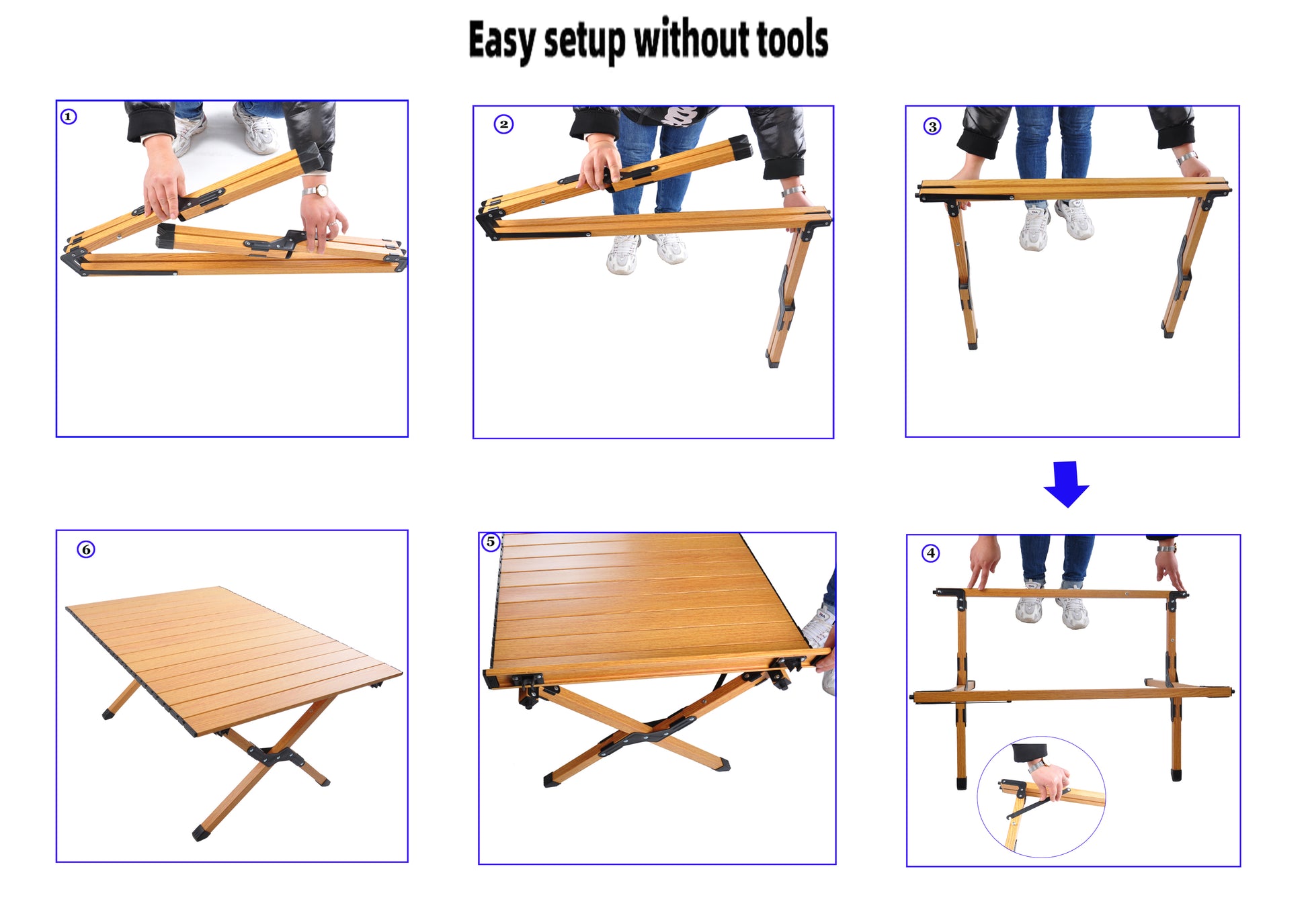 Wooden camping table assembly step  Unfolding the frame
