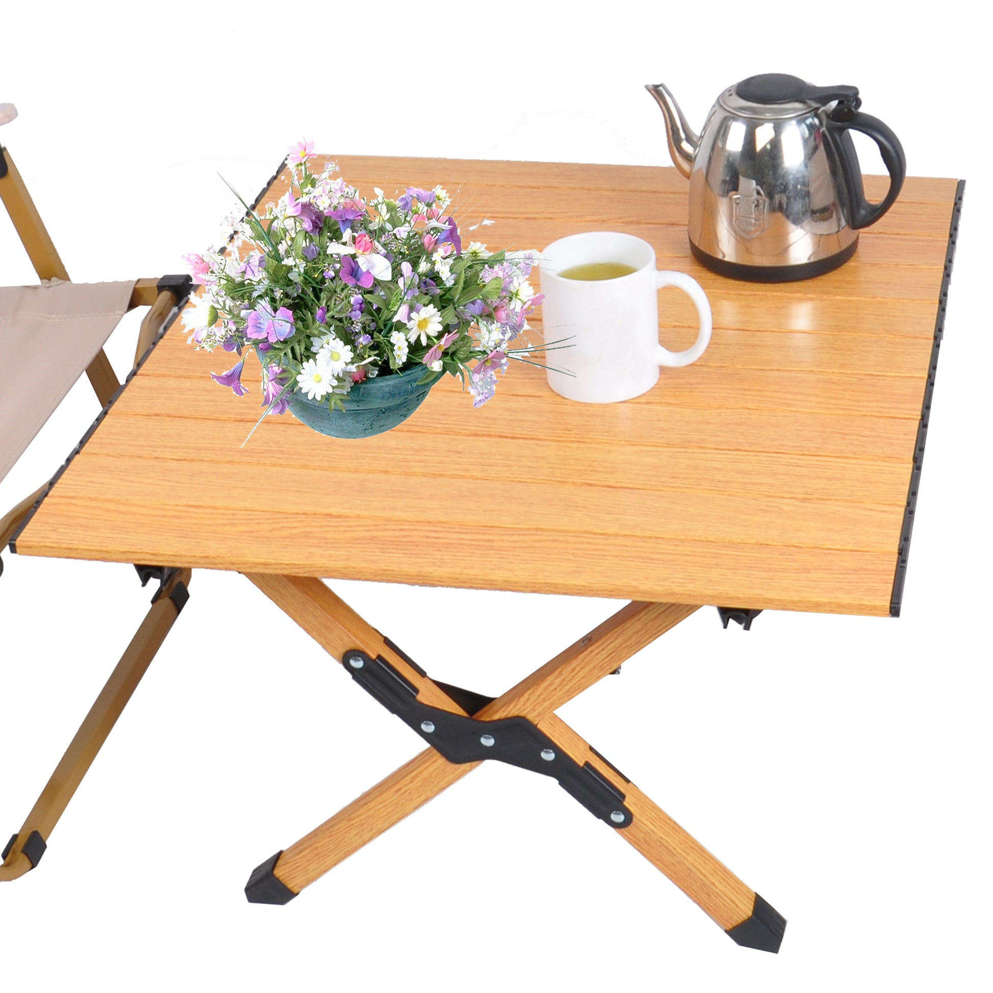 Compact portable folding table with wood grain finish ideal for camping trips and picnics