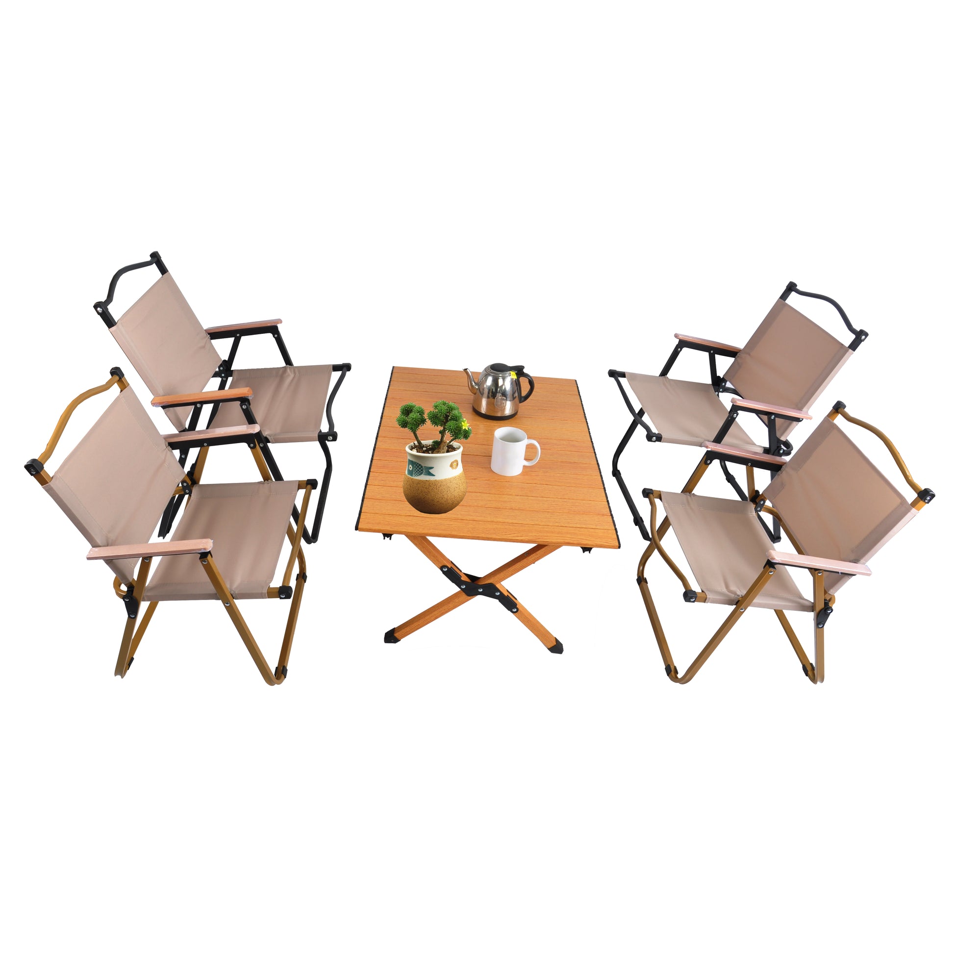 Lightweight beige camping chairs with wooden armrests arranged around a portable wooden picnic table