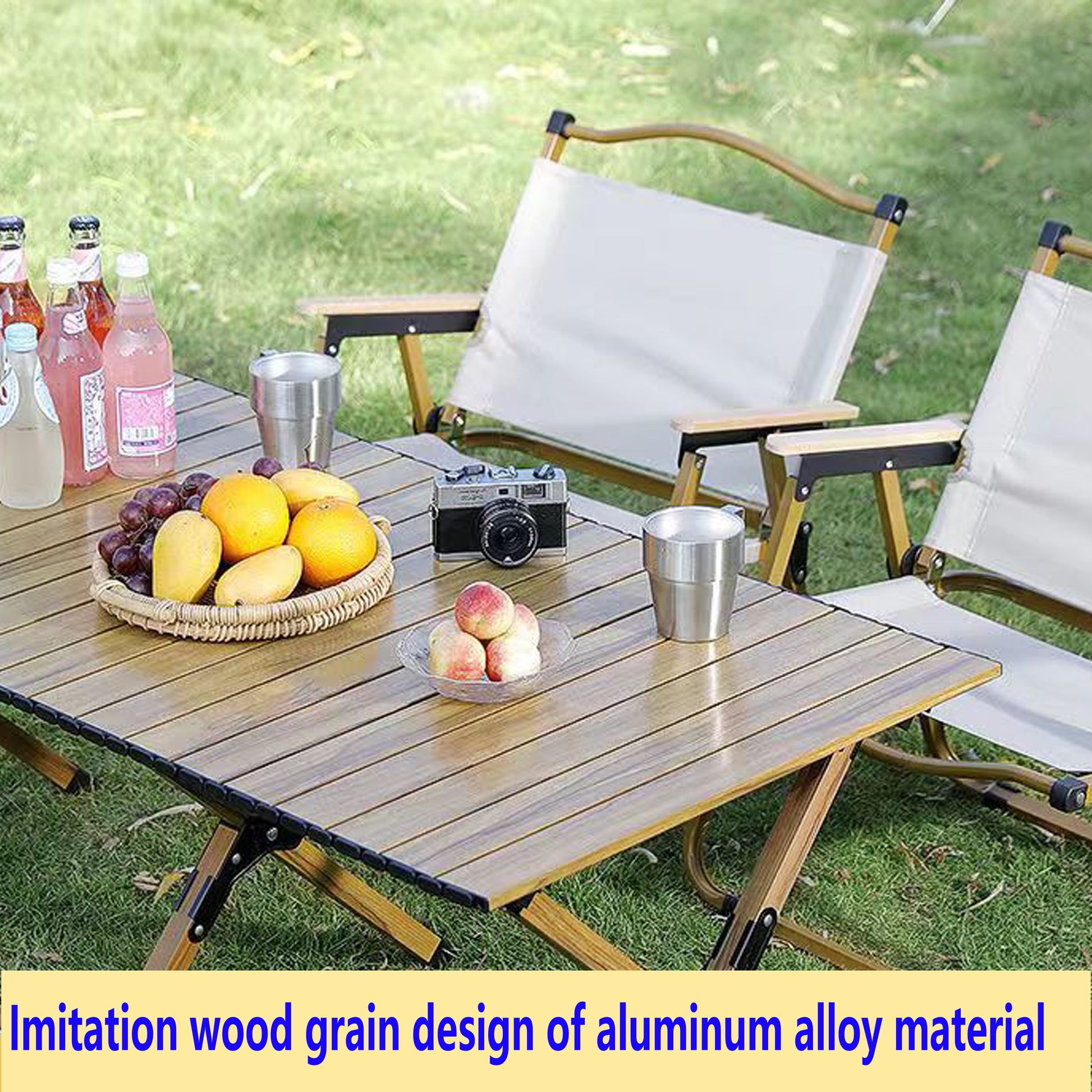 Wooden picnic table with imitation wood grain perfect for outdoor dining and camping