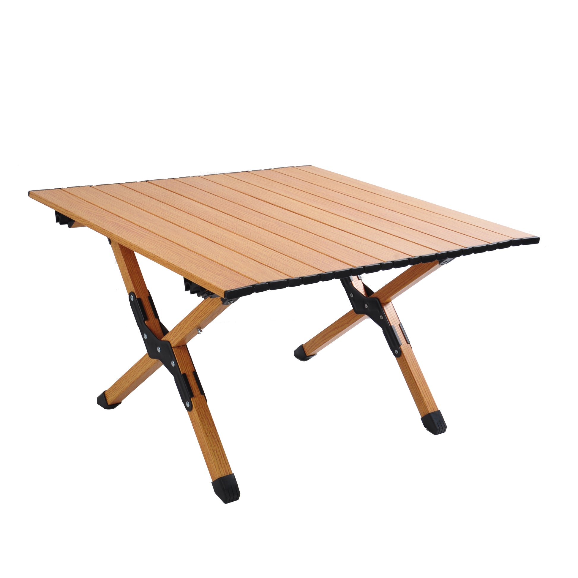 Lightweight portable camping table with slatted wooden top and folding legs