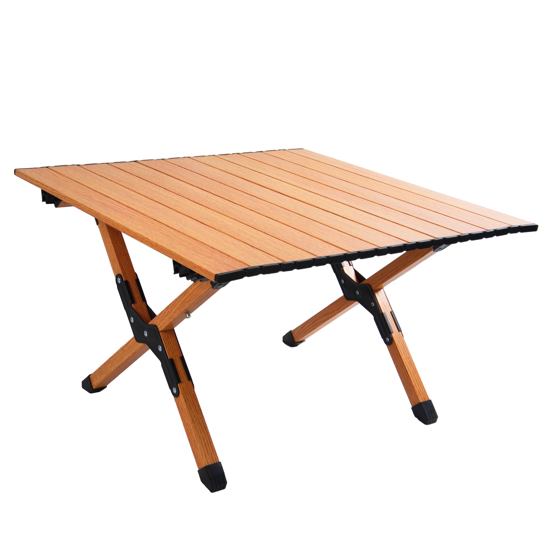 Lightweight portable camping table with natural wood finish and black metal frame