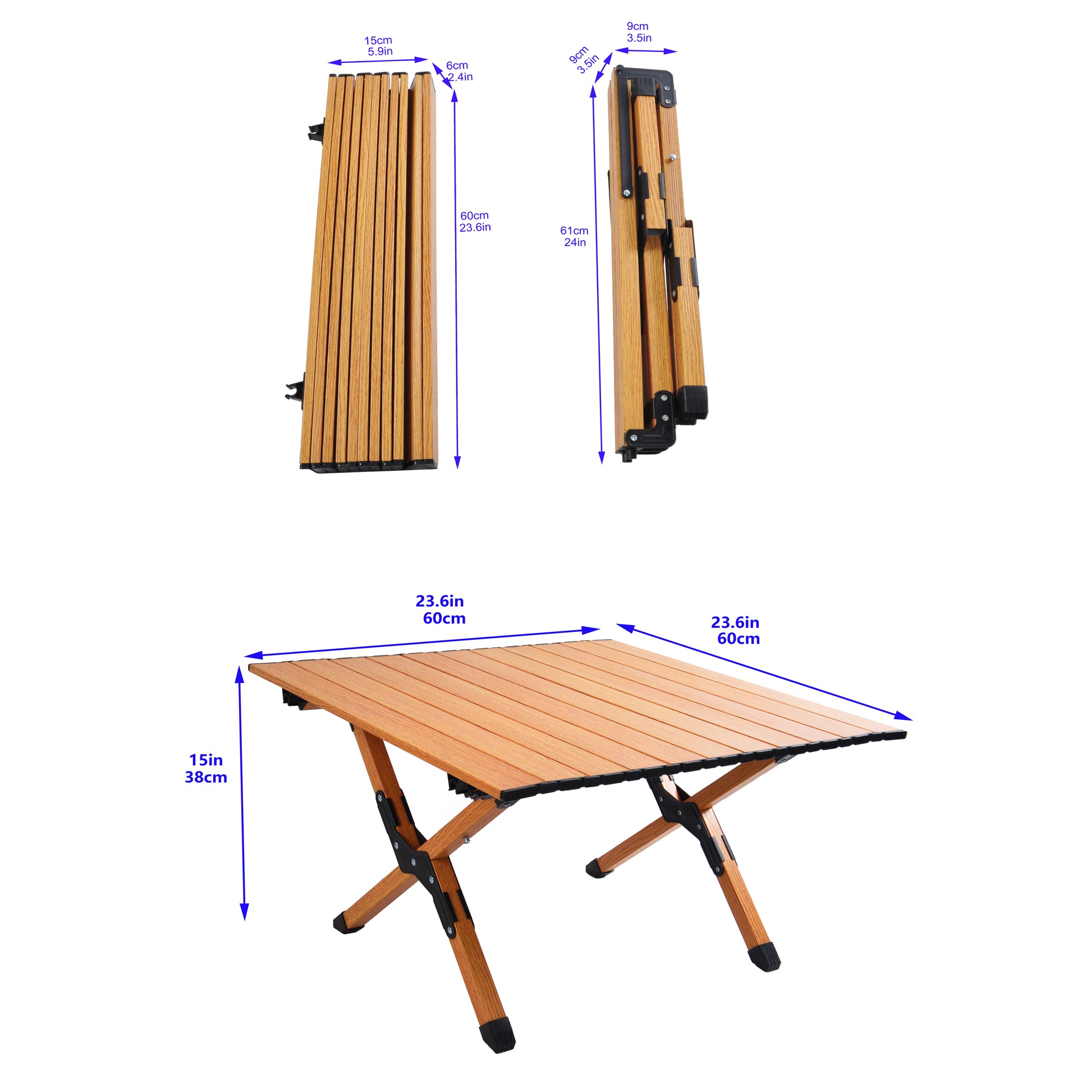 Lightweight foldable camping table with wooden slats and aluminum legs