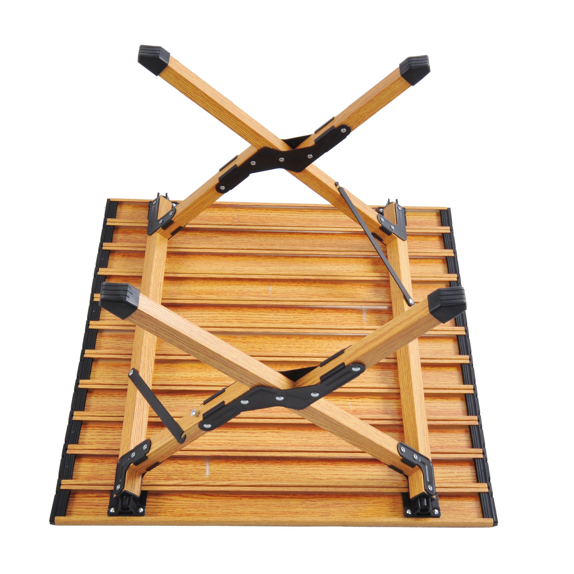 Wooden rolltop camping table with black metal foldable legs