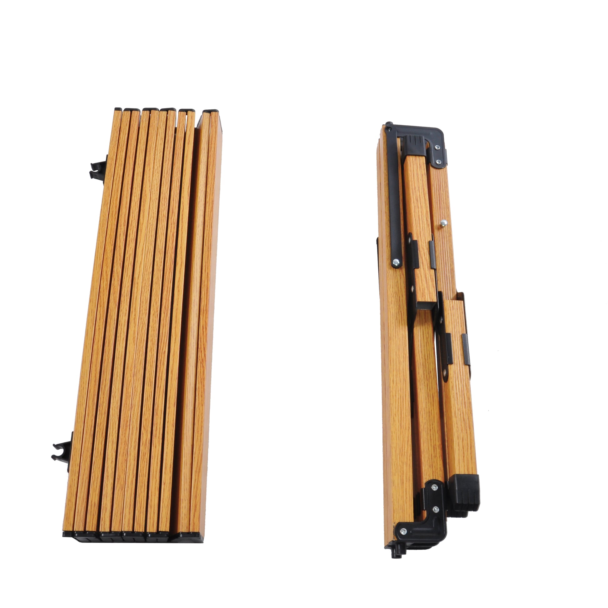 Folded wooden picnic table with natural oak finish and black metal hardware
