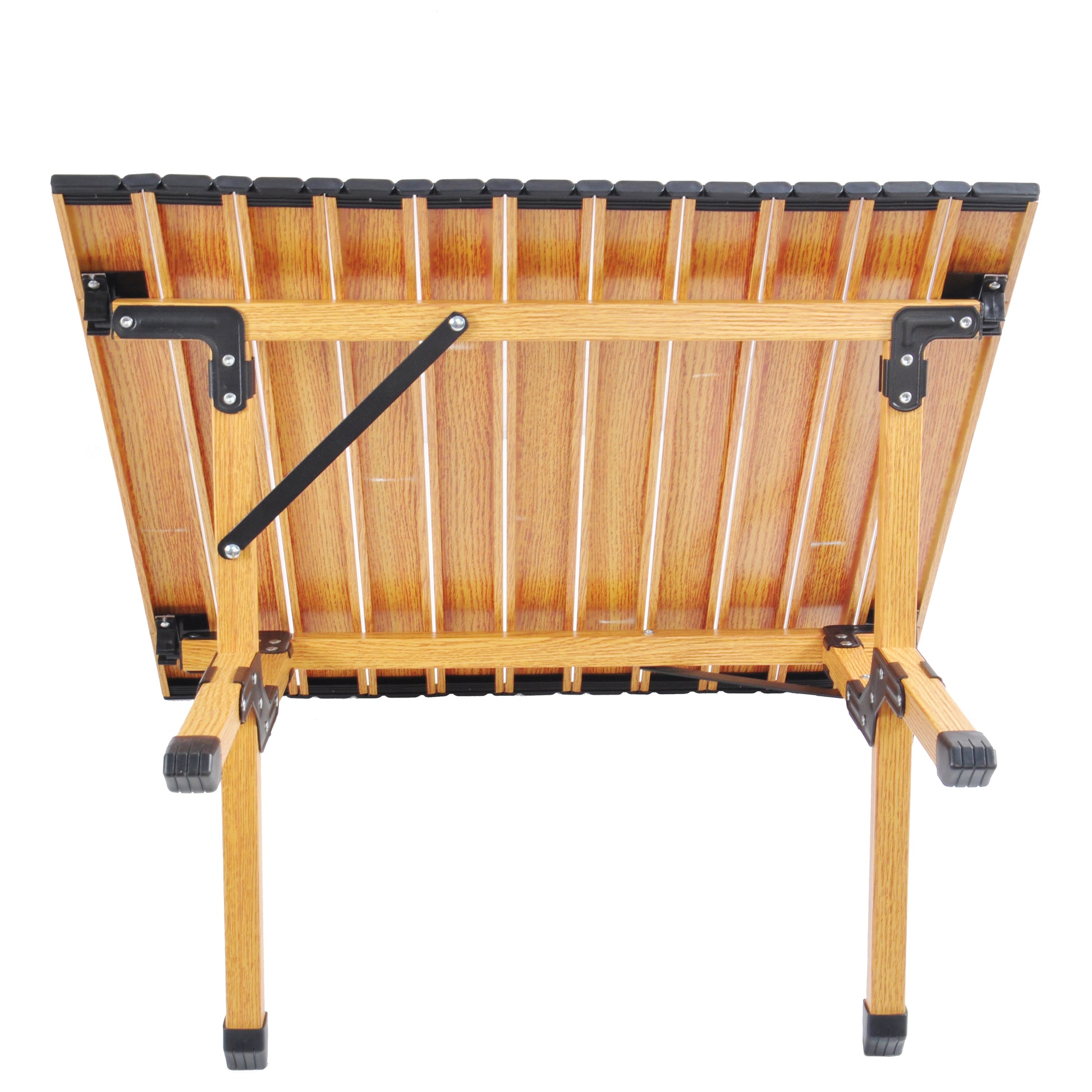 Foldable camping table with natural wood finish and black aluminum frame