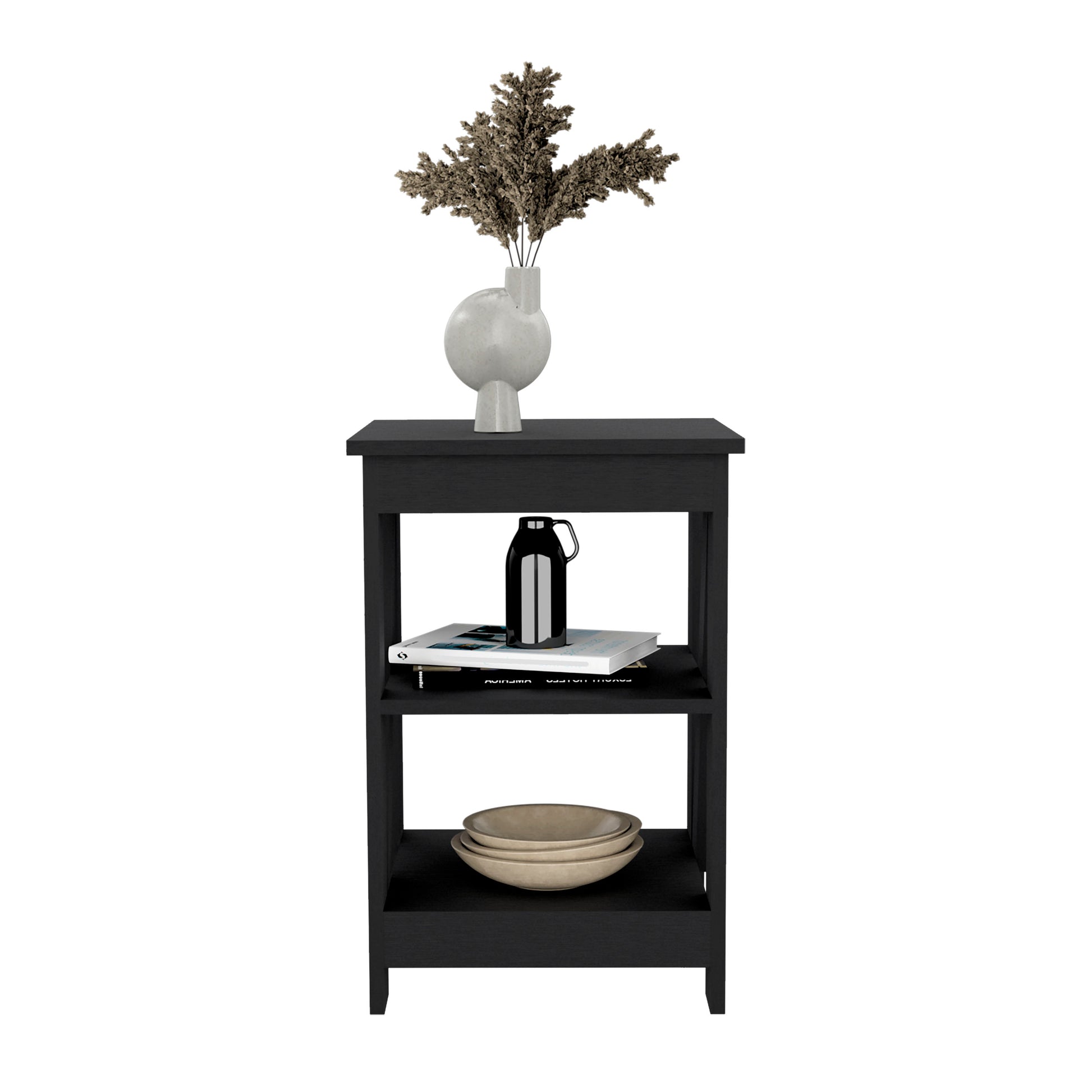 Black threetier end table with decorative vase and books