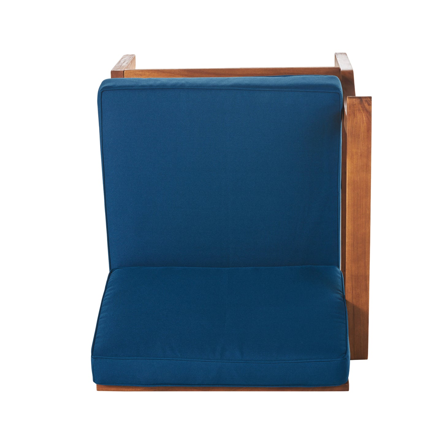 Deep blue upholstered accent chair with sleek wooden frame