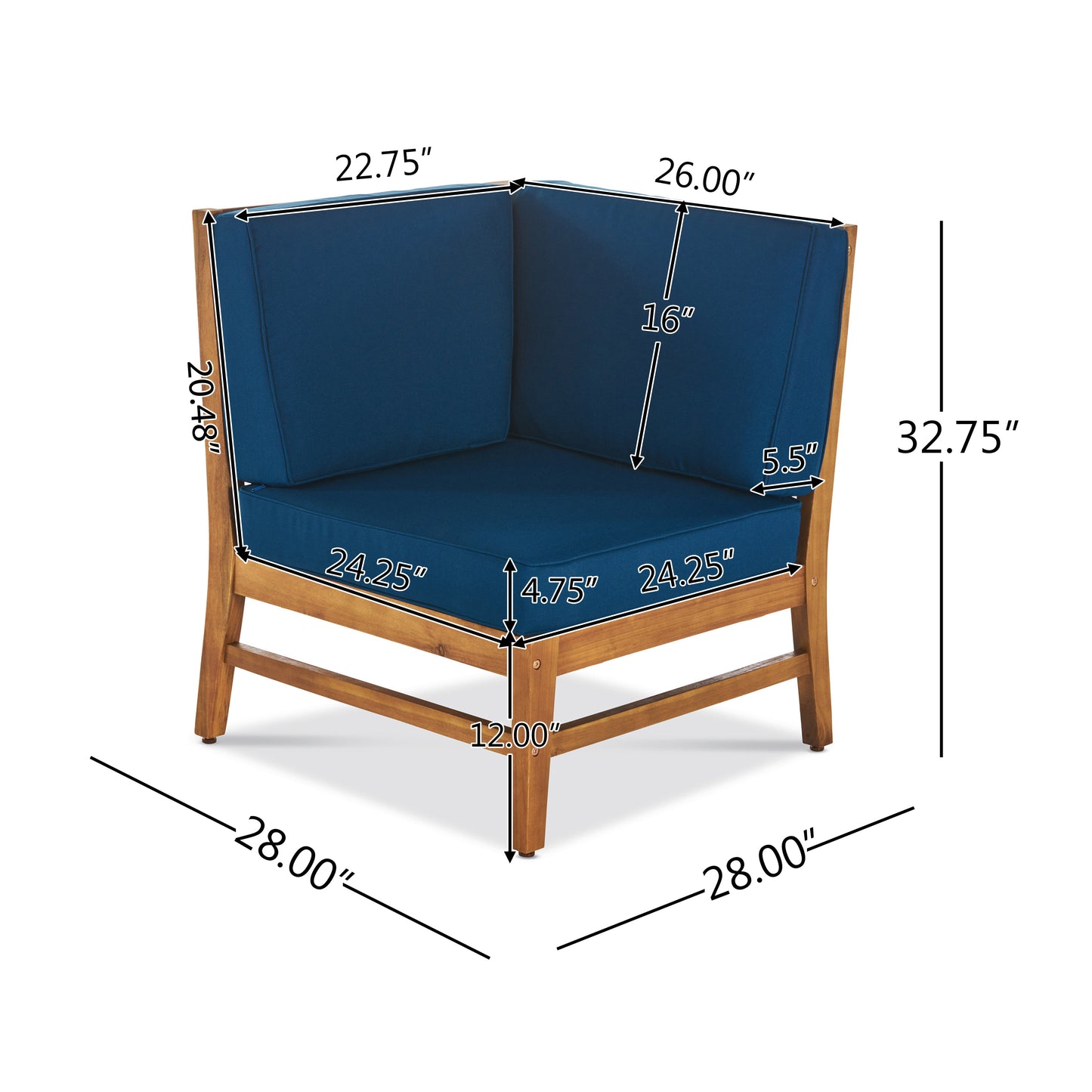 Navy blue upholstered wooden corner chair with outdoor furniture dimensions