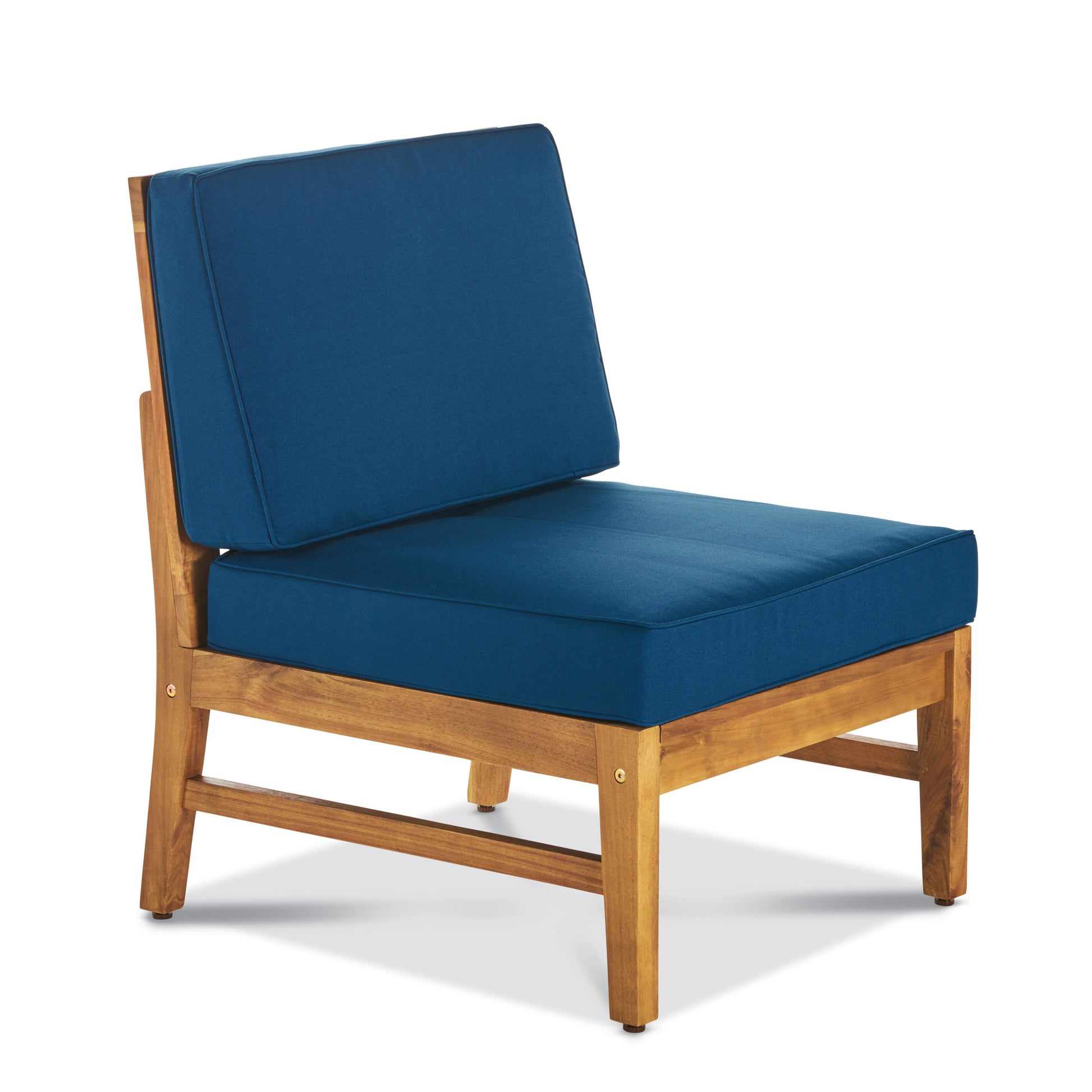 Armless patio chair with deep blue cushions and a natural wood frame for outdoor seating