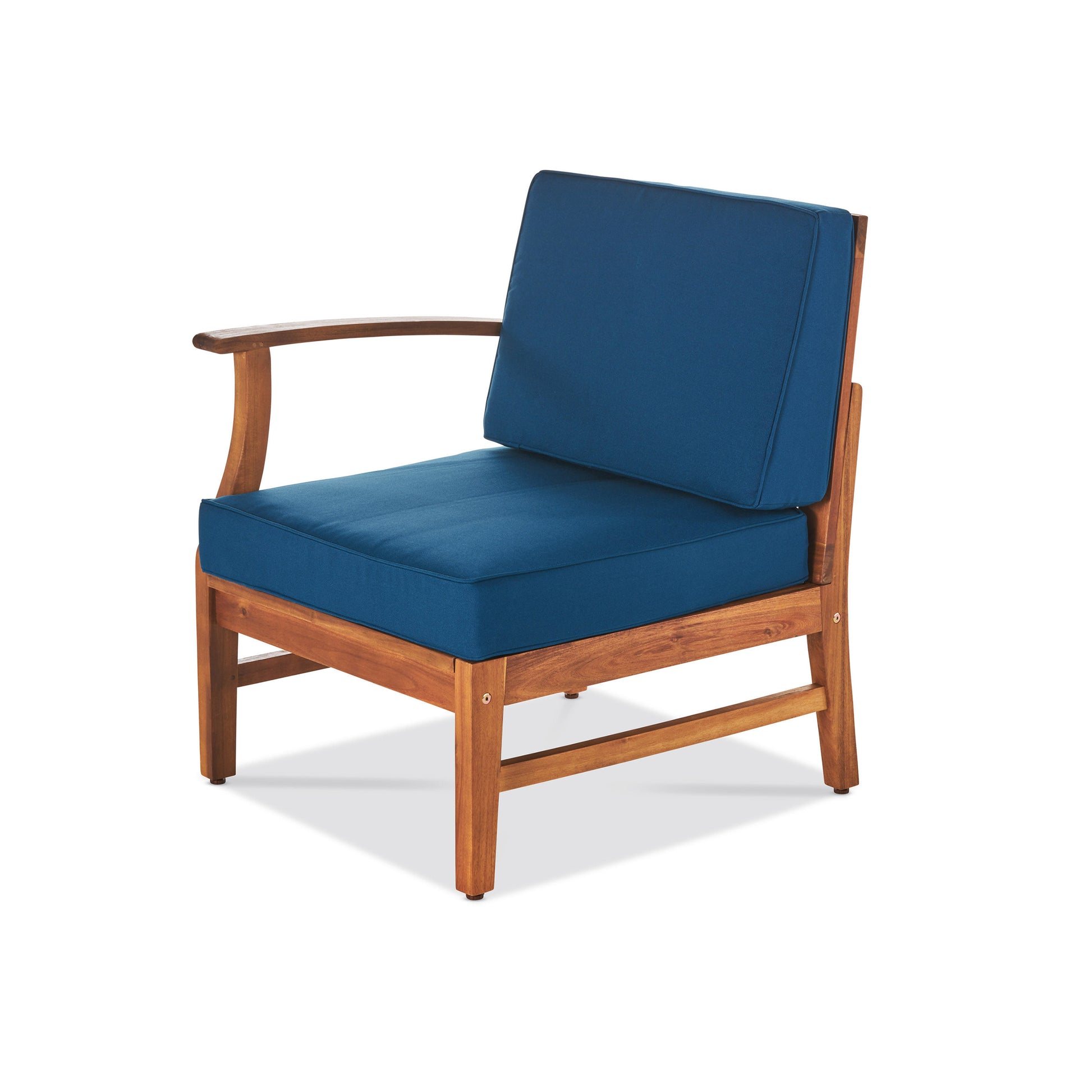 Wooden armchair with navy blue cushions and curved arms perfect for patio relaxation