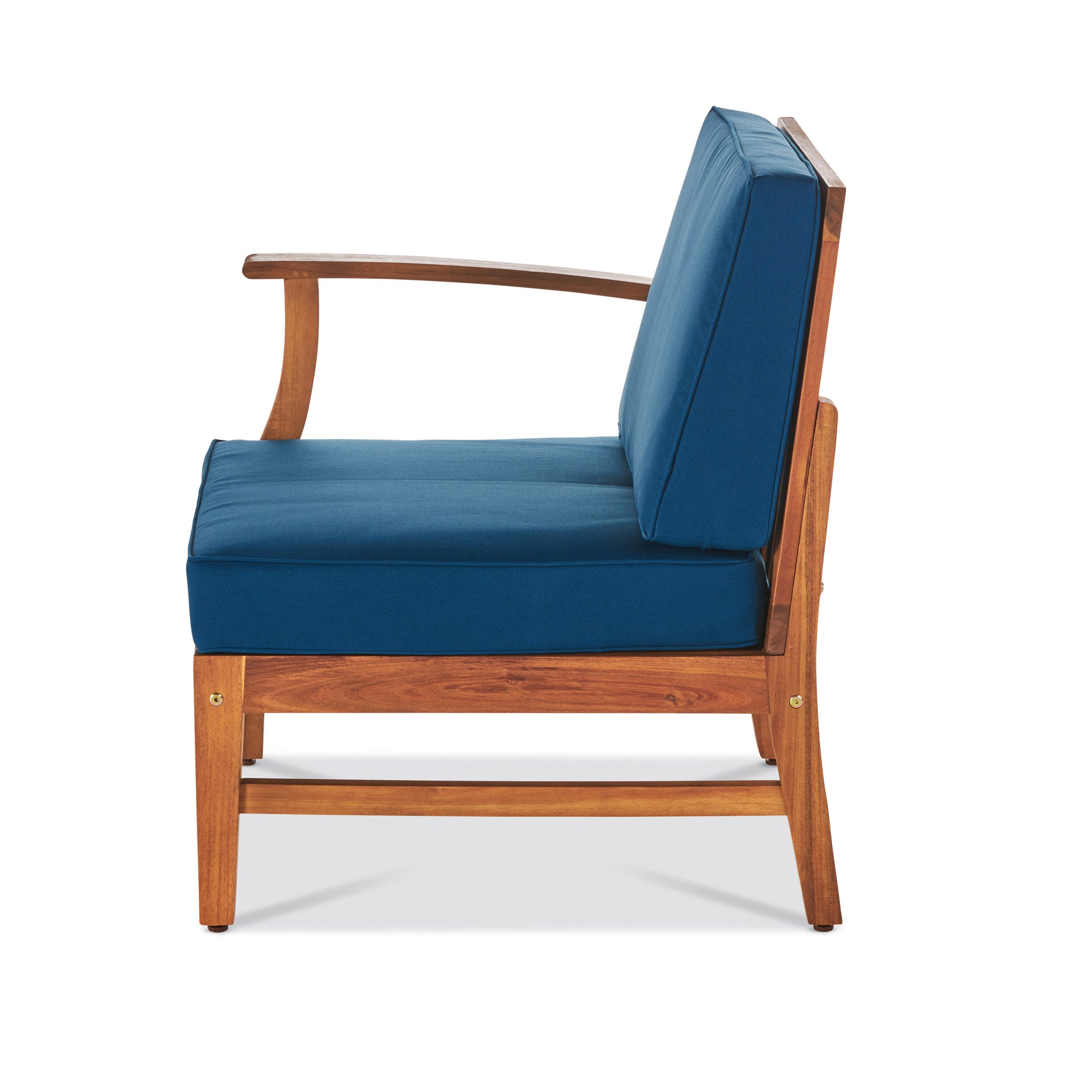 Teak wood armchair with deep blue cushions perfect for outdoor patio seating