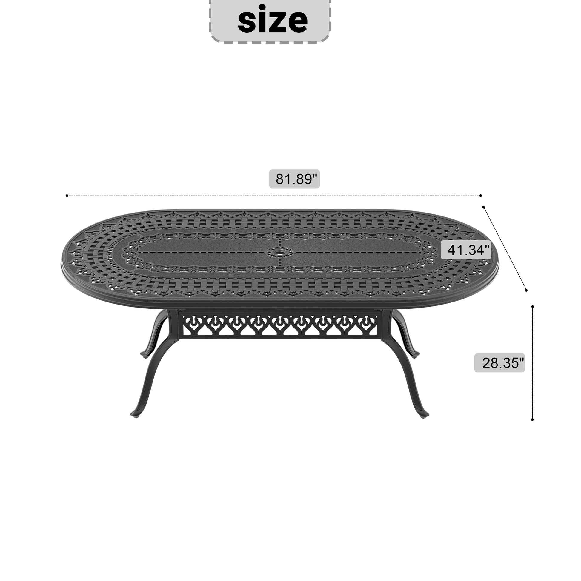 Black oval cast aluminum dining table with intricate lattice pattern on the tabletop