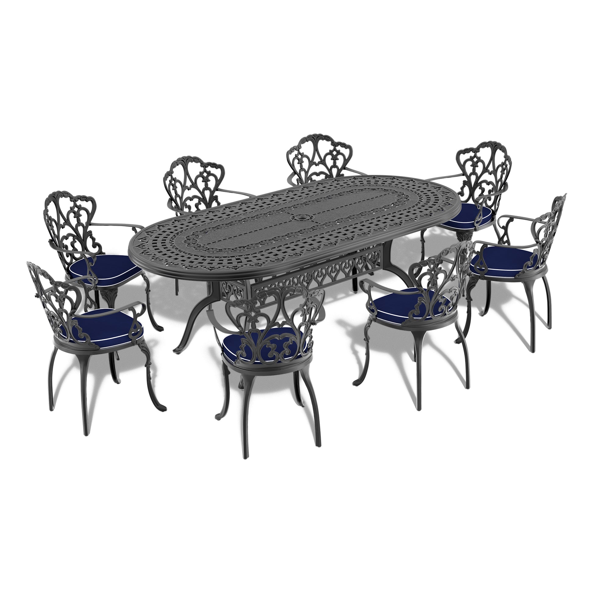 Ornate cast iron patio dining set with oval table and  chairs featuring navy cushions