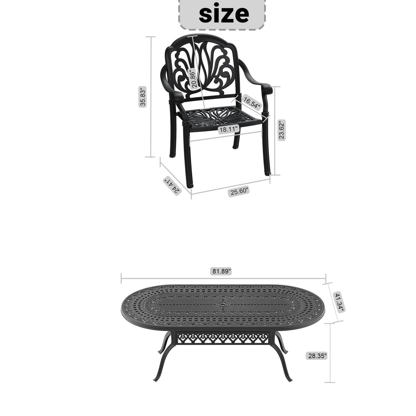 Black cast aluminum patio chair with intricate scroll back design