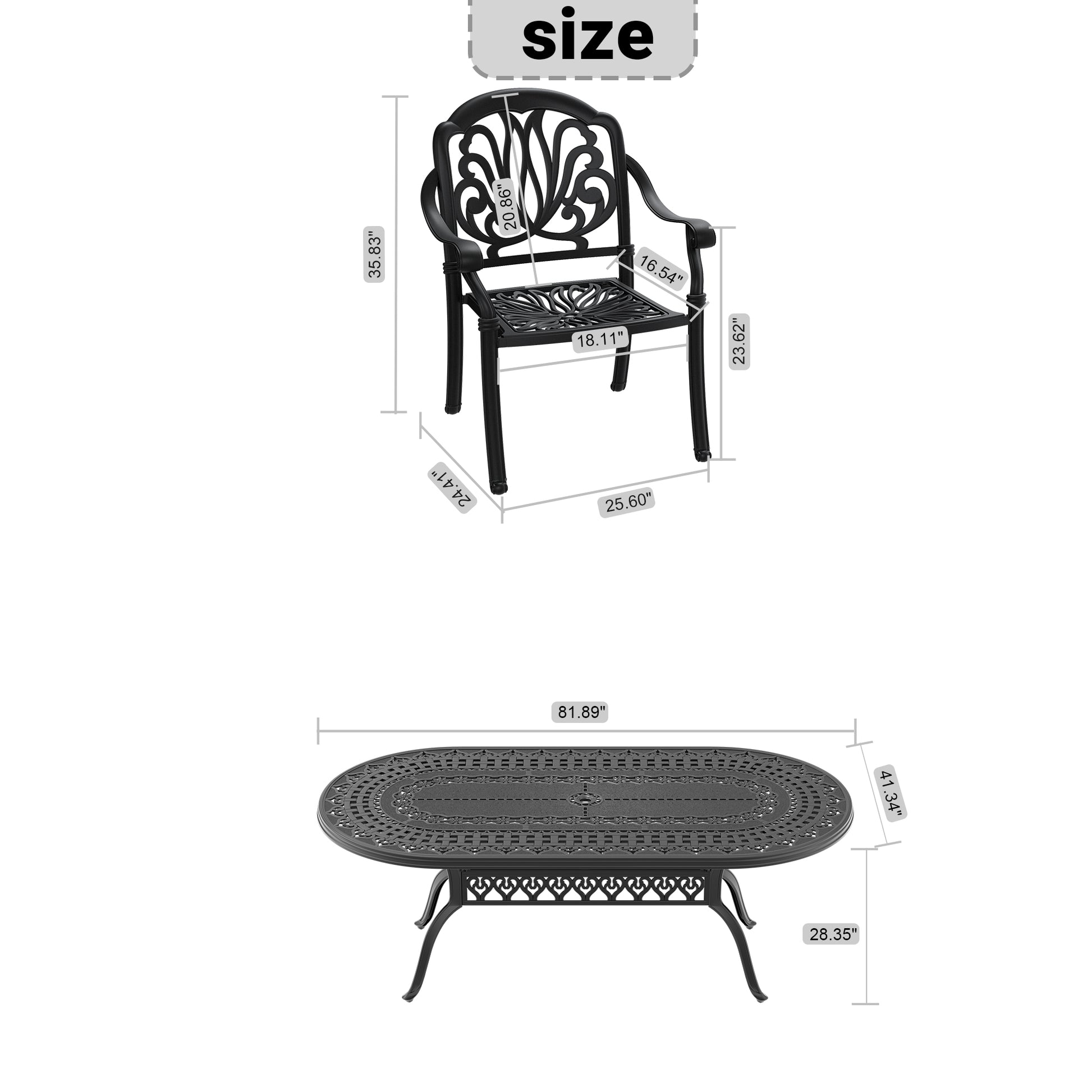 Black cast aluminum patio chair with intricate scroll back design