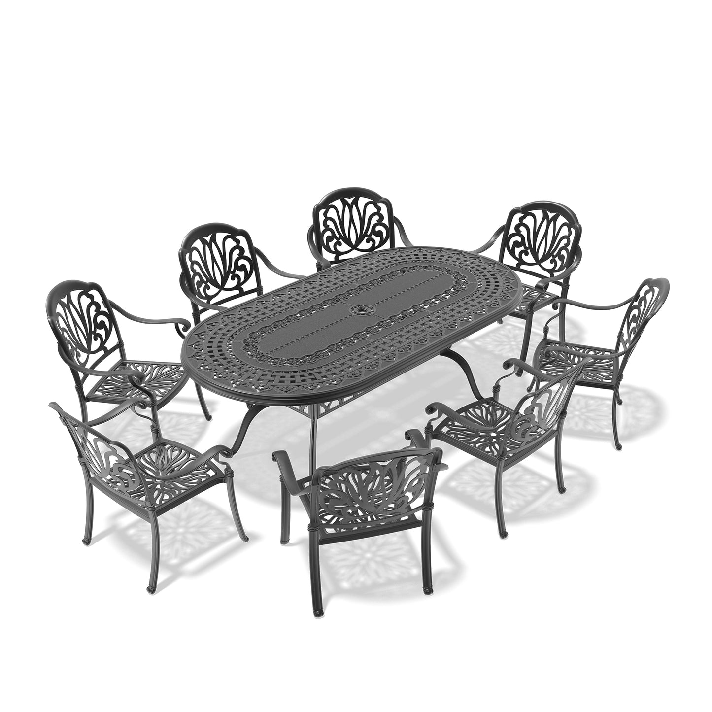 Ornate black cast aluminum patio dining set with oval table and six chairs