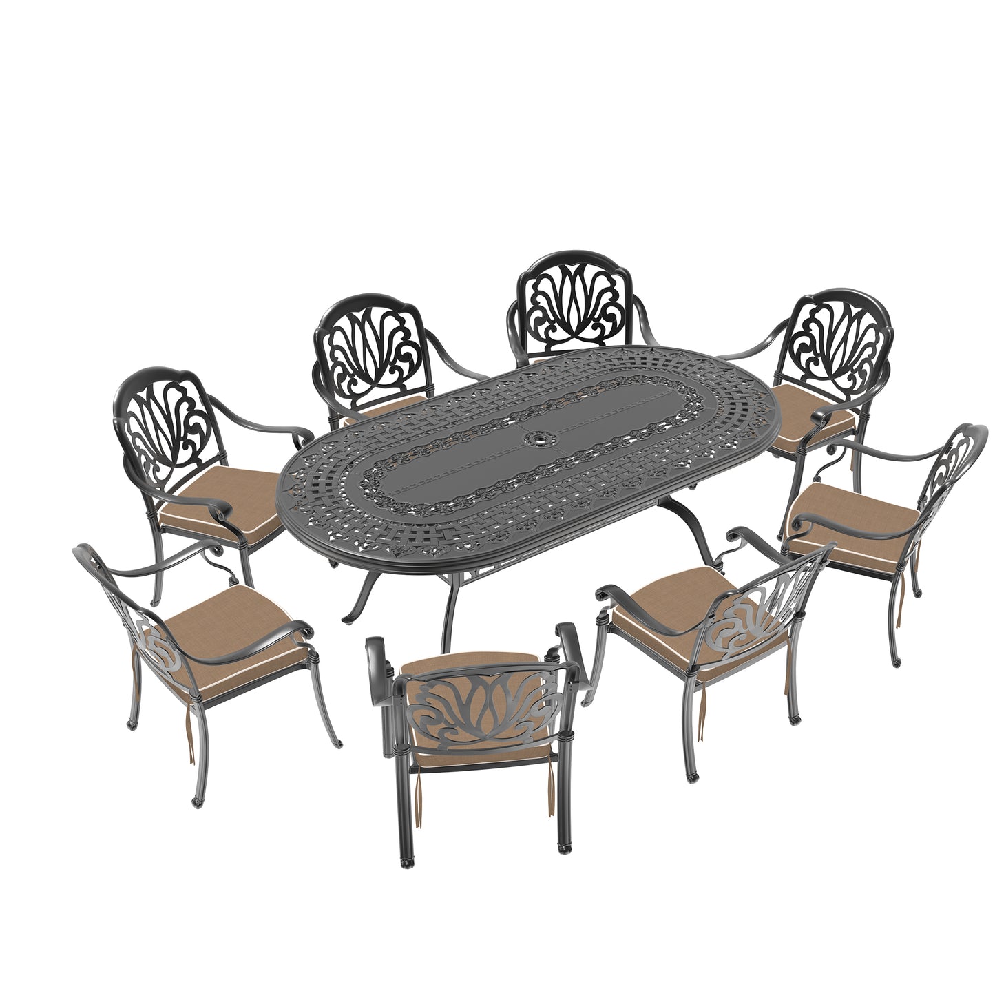 Ornate cast aluminum outdoor dining set with oval table and six chairs