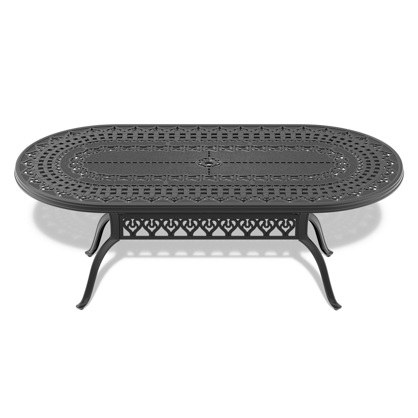 Dark grey cast aluminum oval patio table with intricate lattice and floral detail